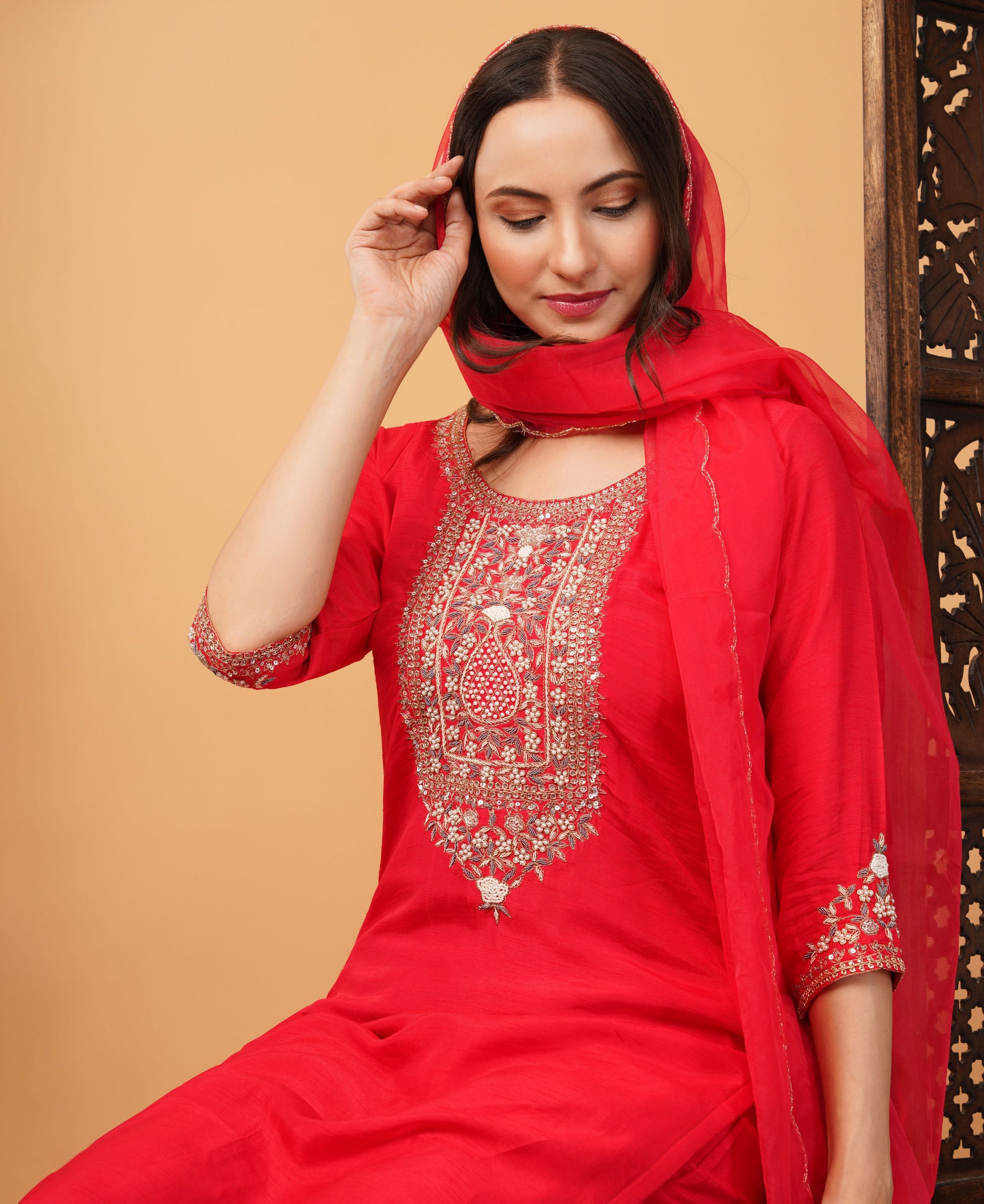 Red Designer Ethnic Embroidered Kurta Set with Pants & Dupatta - Prisachi Official