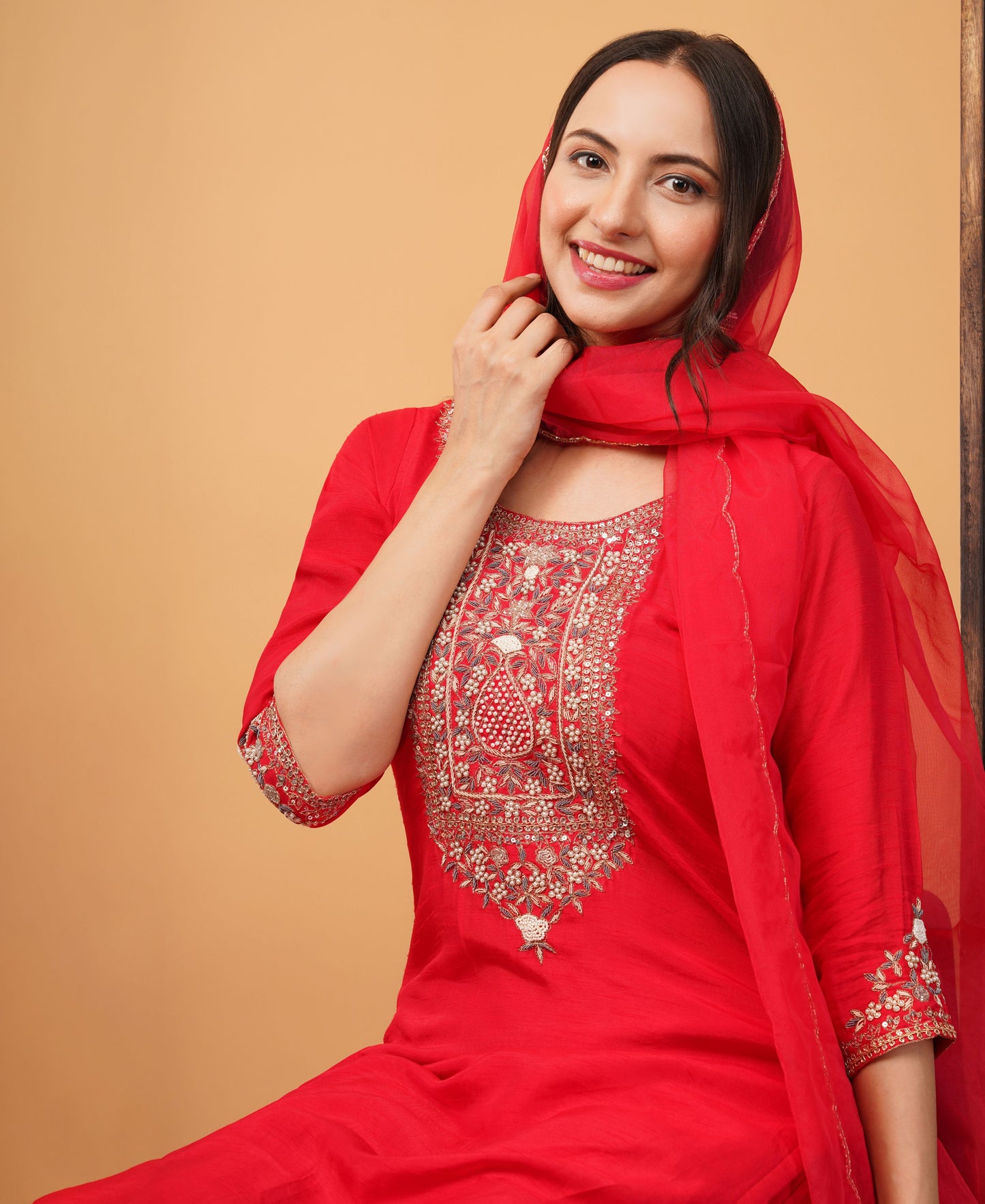 Red Designer Ethnic Embroidered Kurta Set with Pants & Dupatta - Prisachi Official