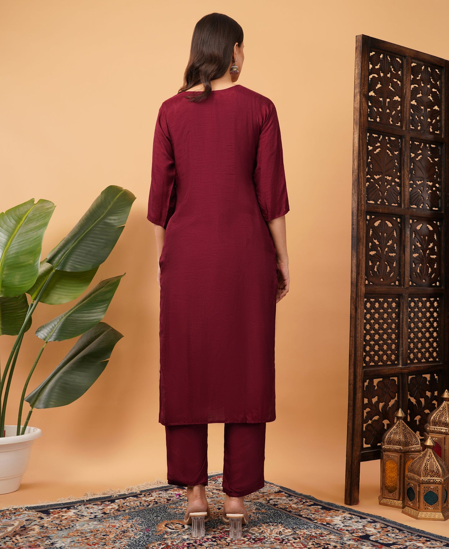 Wine Designer Embroidered Ethnic Kurta Set with Pant & Dupatta - Prisachi Official