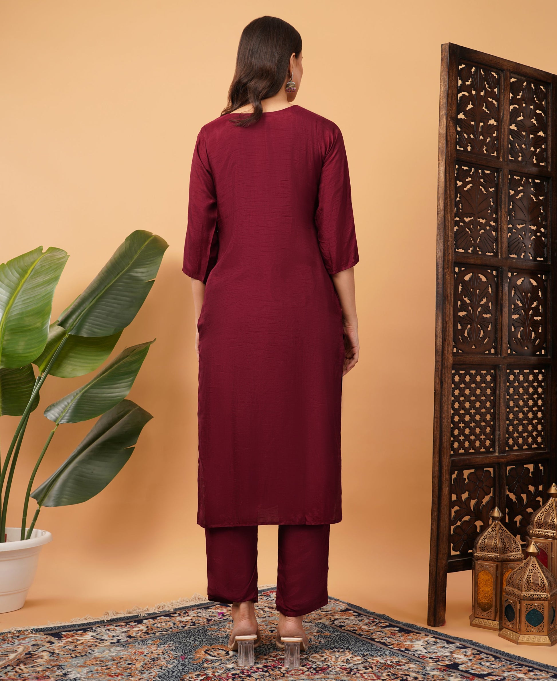 Wine Designer Embroidered Ethnic Kurta Set with Pant & Dupatta - Prisachi Official