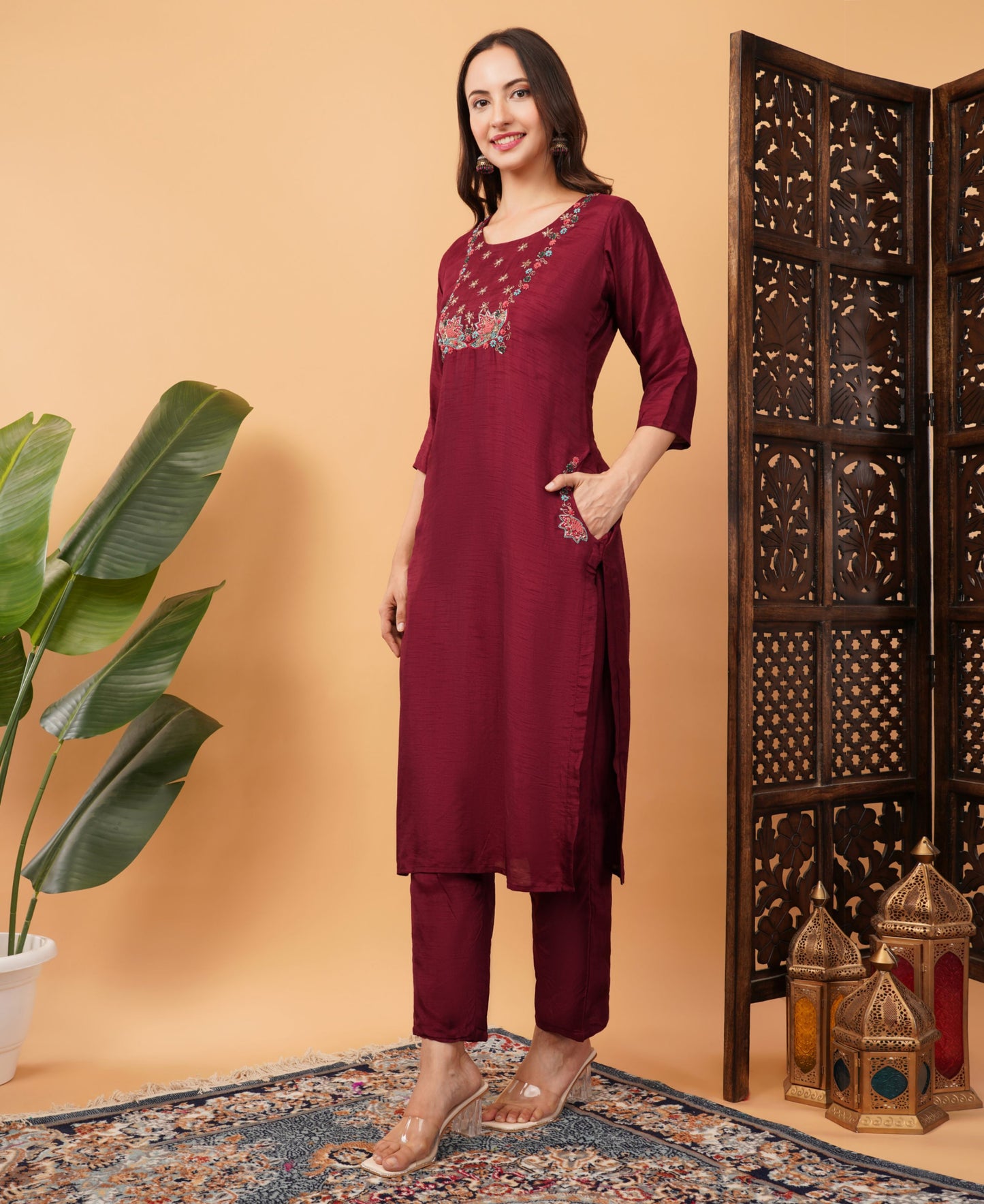 Wine Designer Embroidered Ethnic Kurta Set with Pant & Dupatta - Prisachi Official