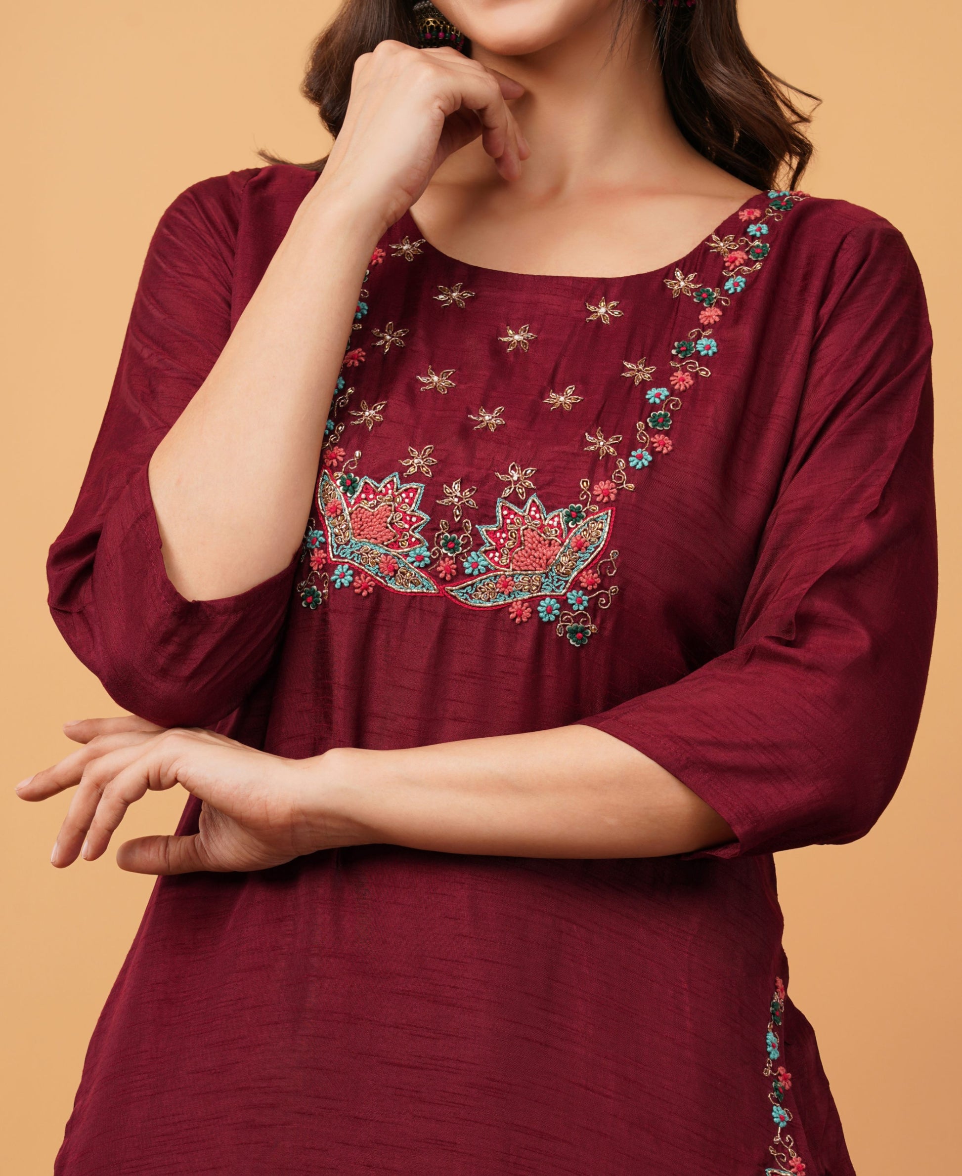 Wine Designer Embroidered Ethnic Kurta Set with Pant & Dupatta - Prisachi Official