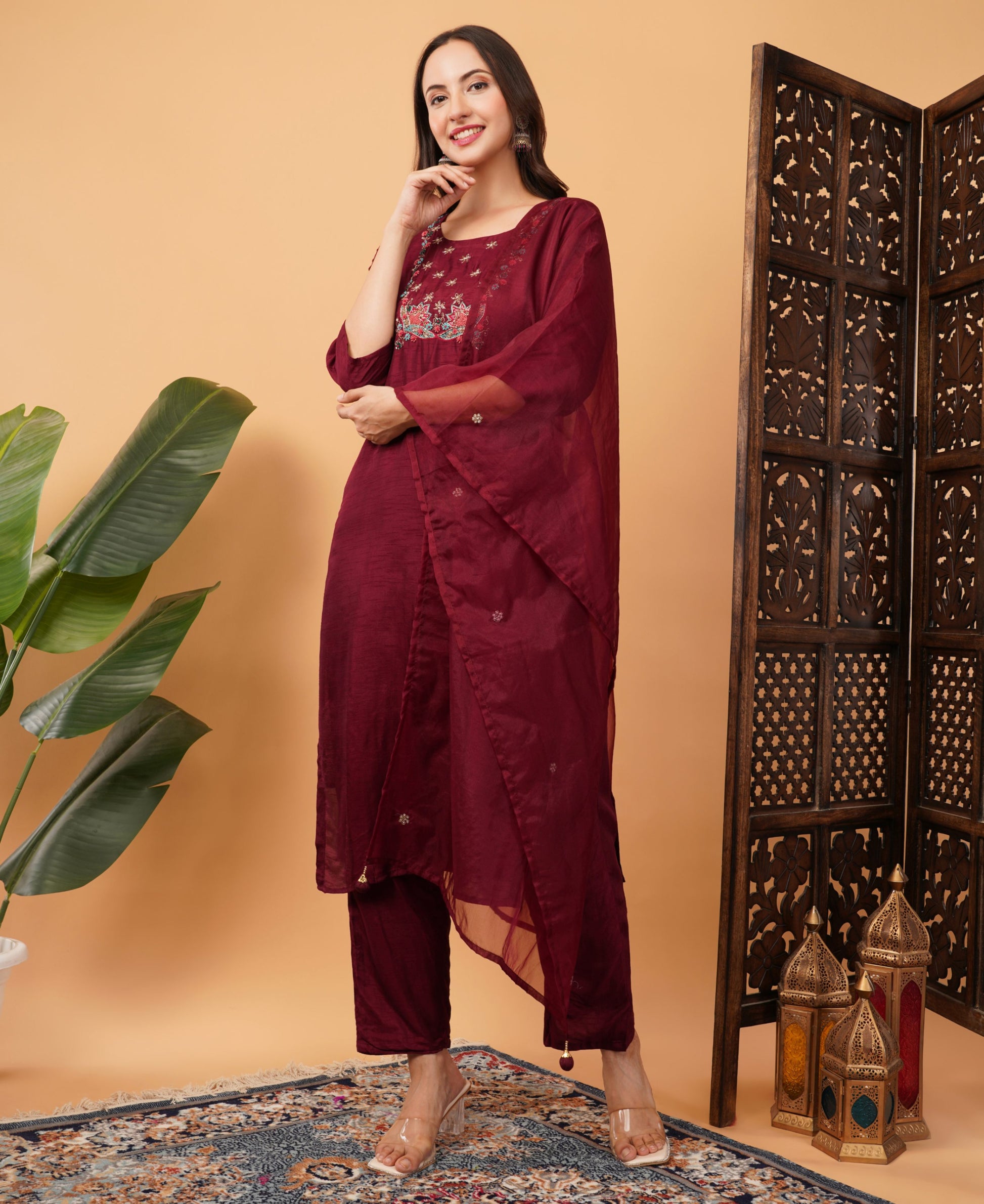 Wine Designer Embroidered Ethnic Kurta Set with Pant & Dupatta - Prisachi Official