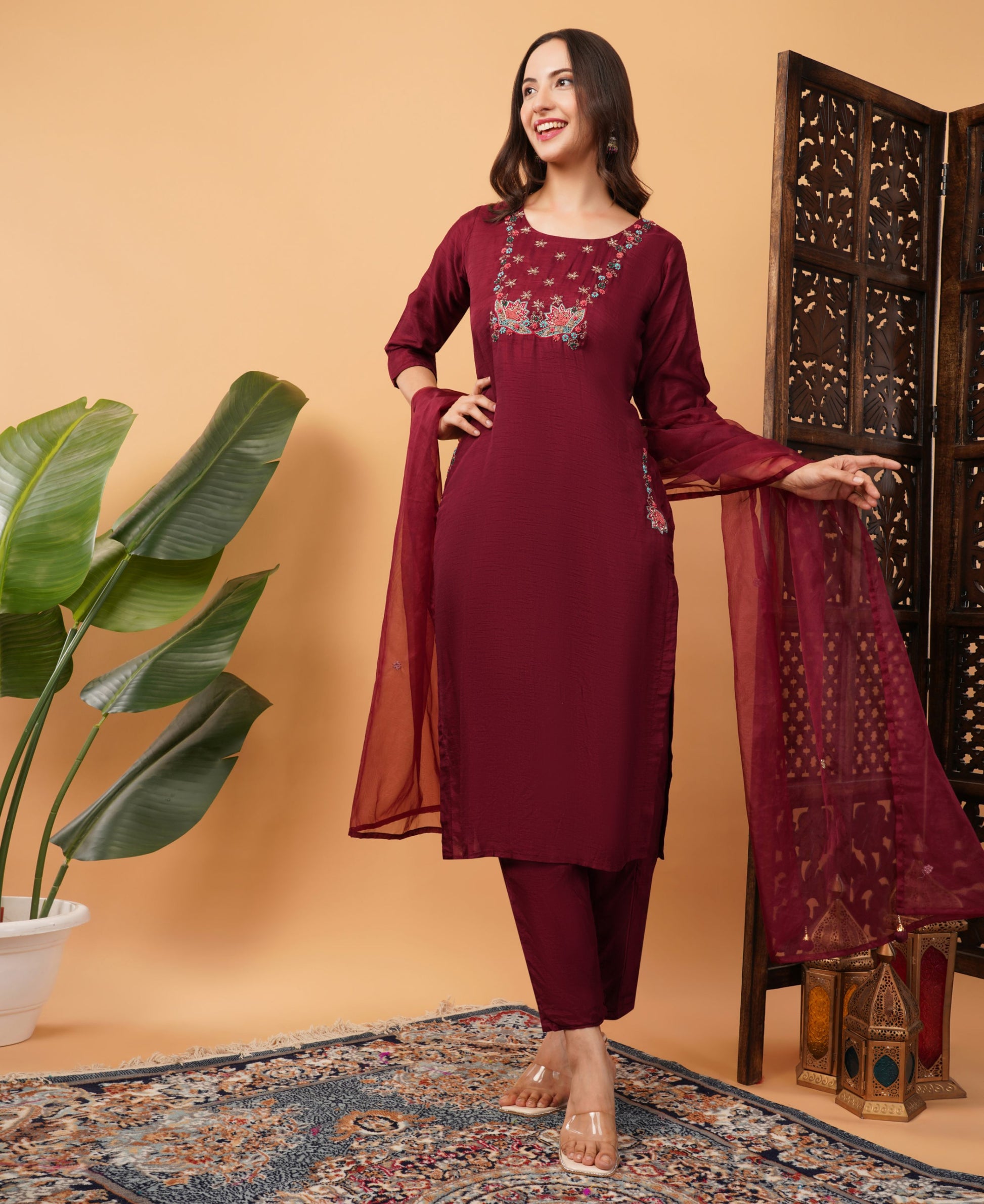Wine Designer Embroidered Ethnic Kurta Set with Pant & Dupatta - Prisachi Official