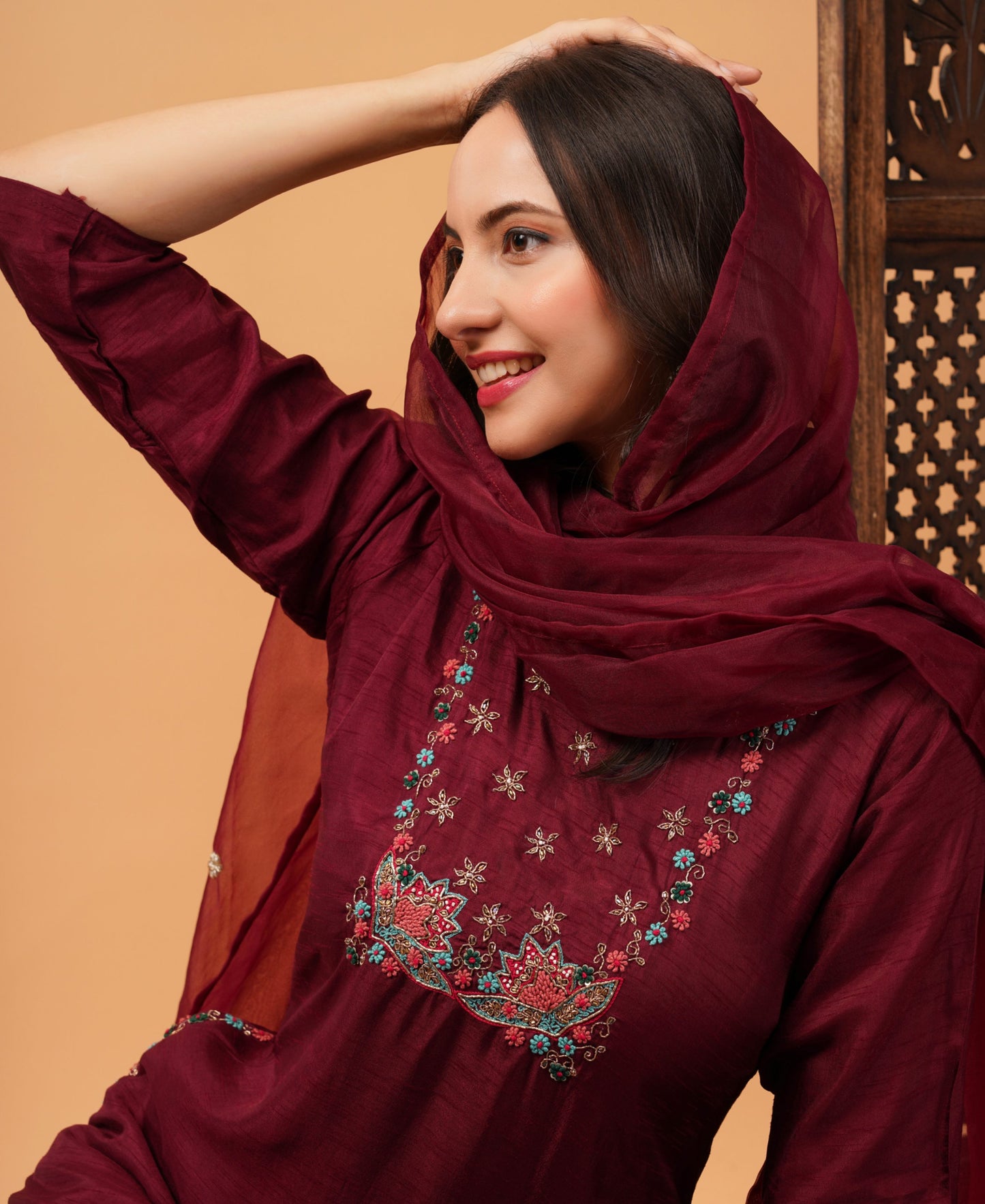 Wine Designer Embroidered Ethnic Kurta Set with Pant & Dupatta - Prisachi Official