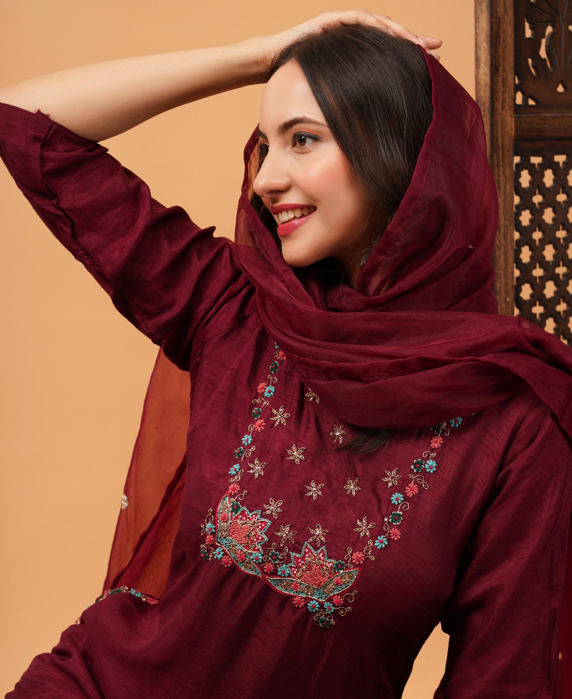 Wine Designer Embroidered Ethnic Kurta Set with Pant & Dupatta - Prisachi Official