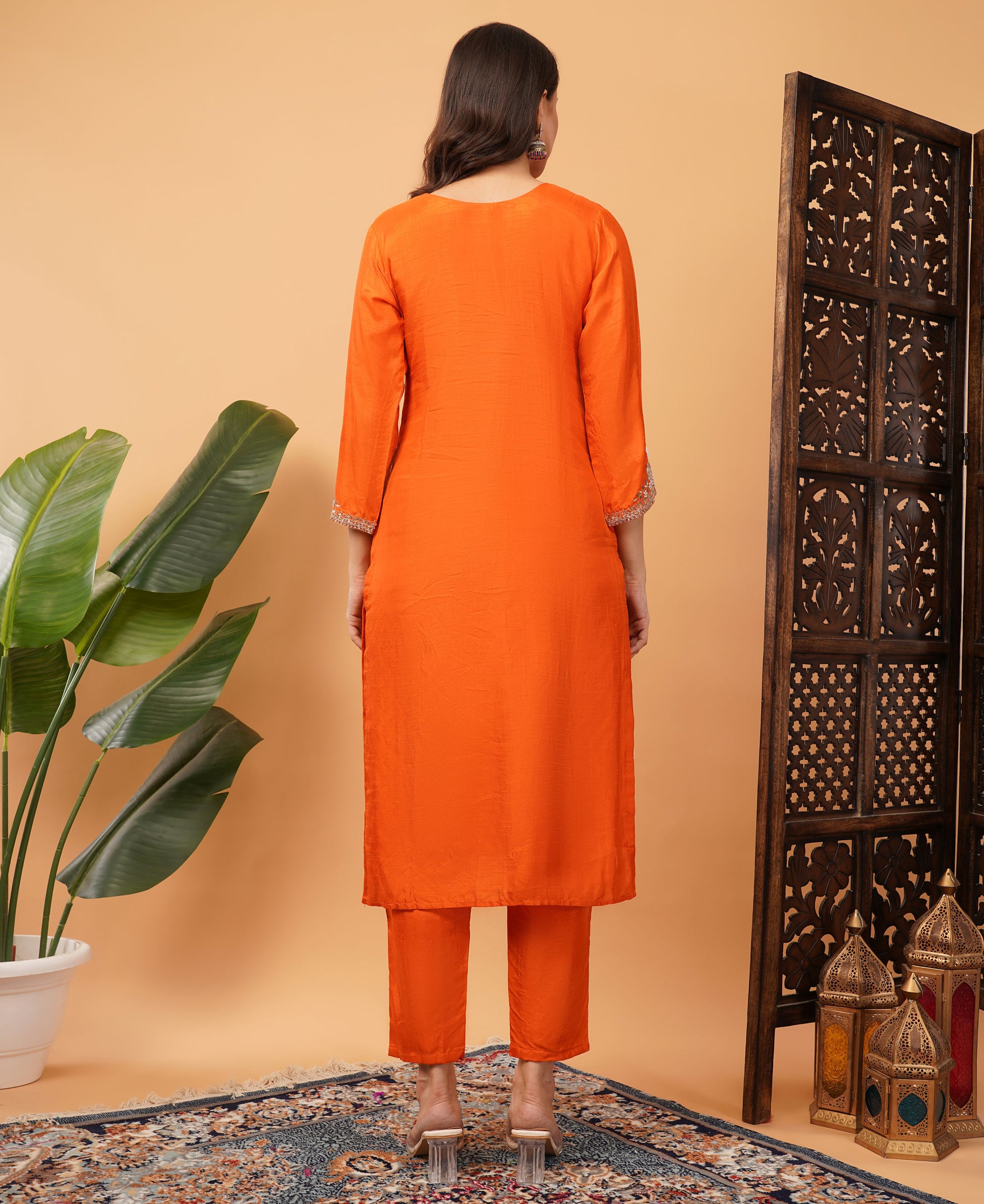 Orange Designer Embroidered Ethnic Kurta Set with Pant and Dupatta - Prisachi Official