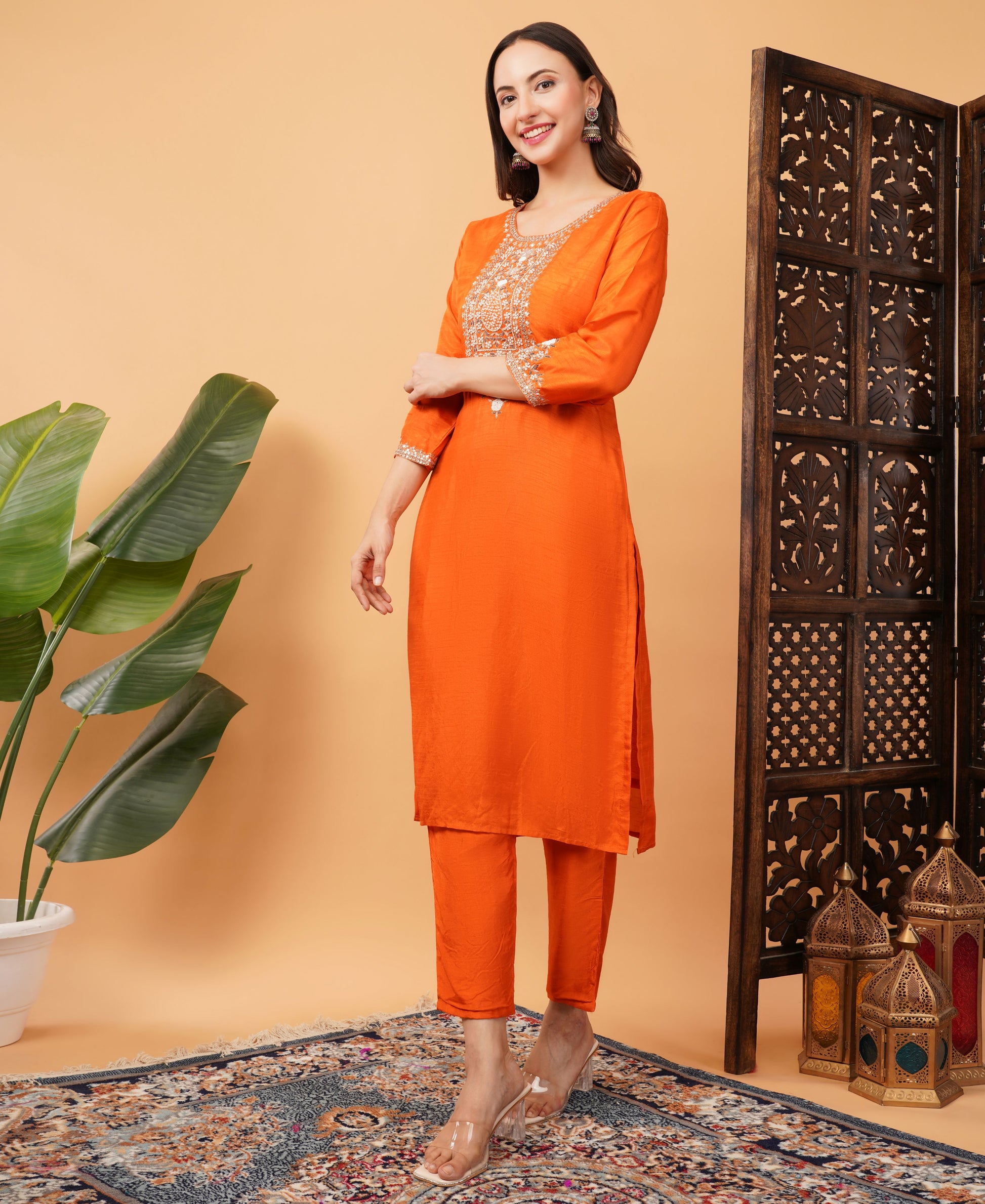 Orange Designer Embroidered Ethnic Kurta Set with Pant and Dupatta - Prisachi Official