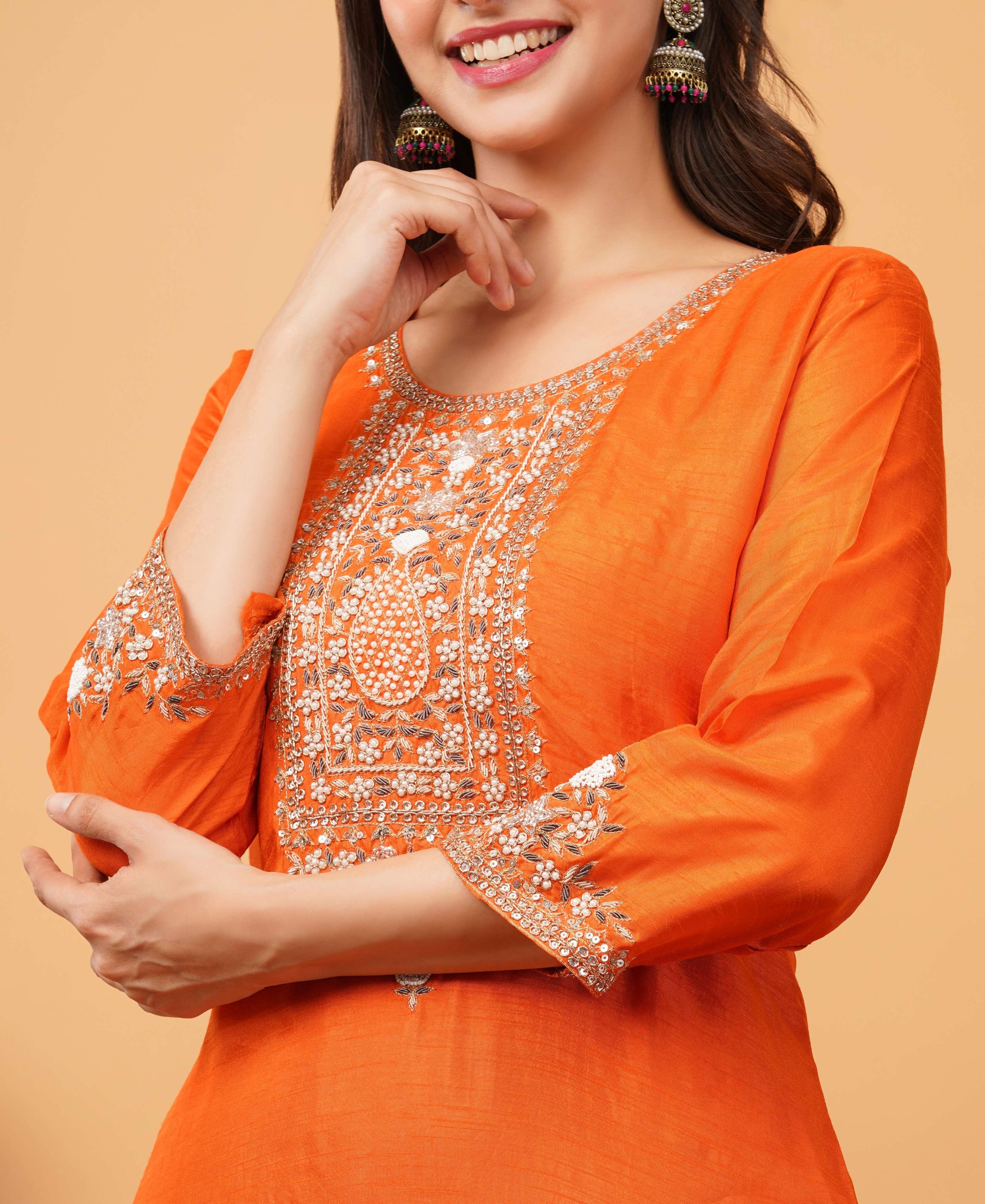 Orange Designer Embroidered Ethnic Kurta Set with Pant and Dupatta - Prisachi Official