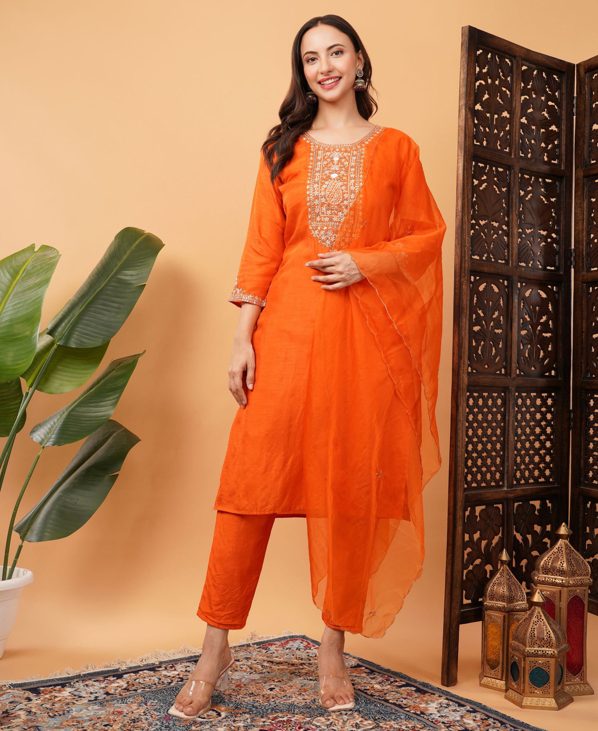 Orange Designer Embroidered Ethnic Kurta Set with Pant and Dupatta - Prisachi Official