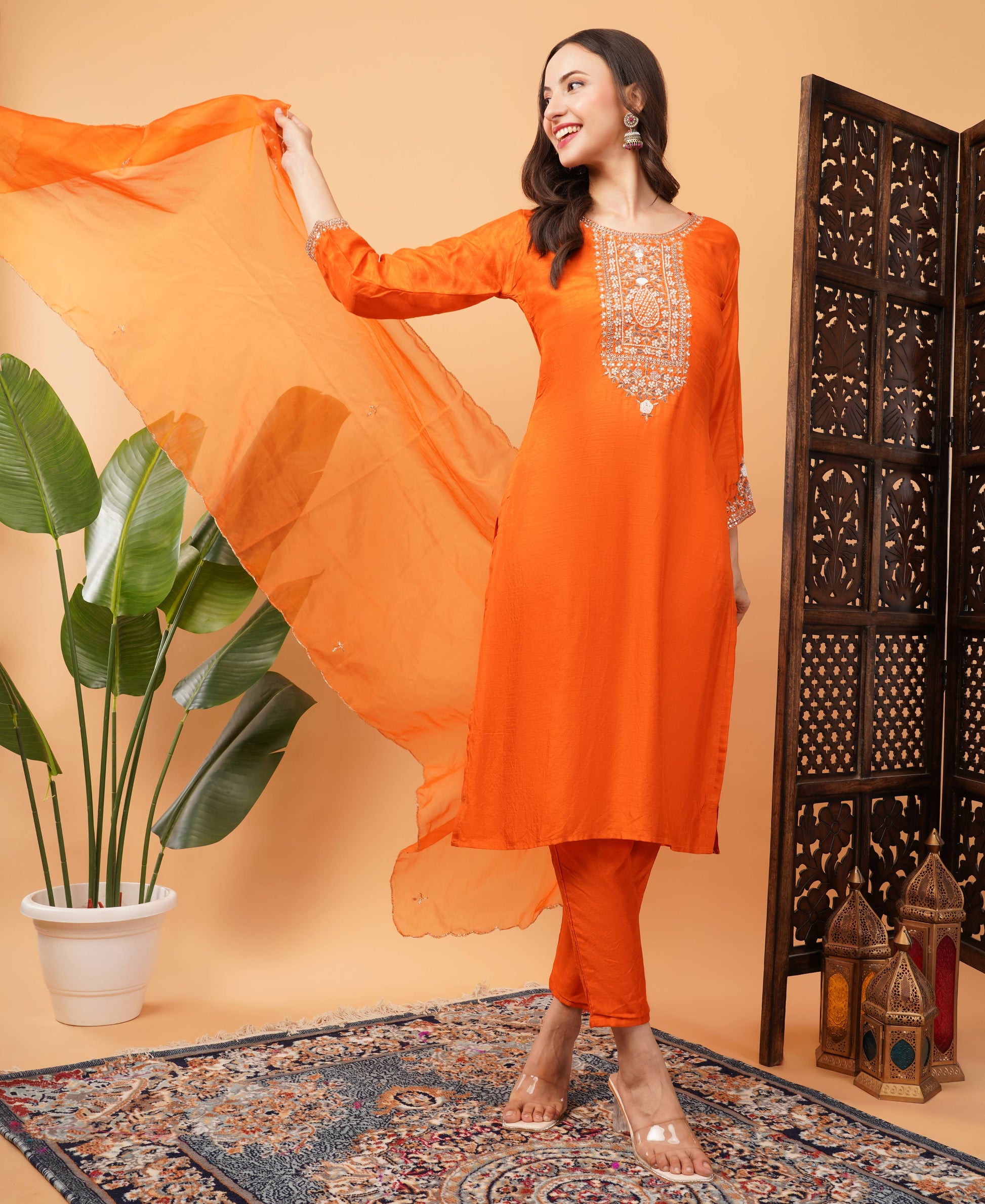Orange Designer Embroidered Ethnic Kurta Set with Pant and Dupatta - Prisachi Official