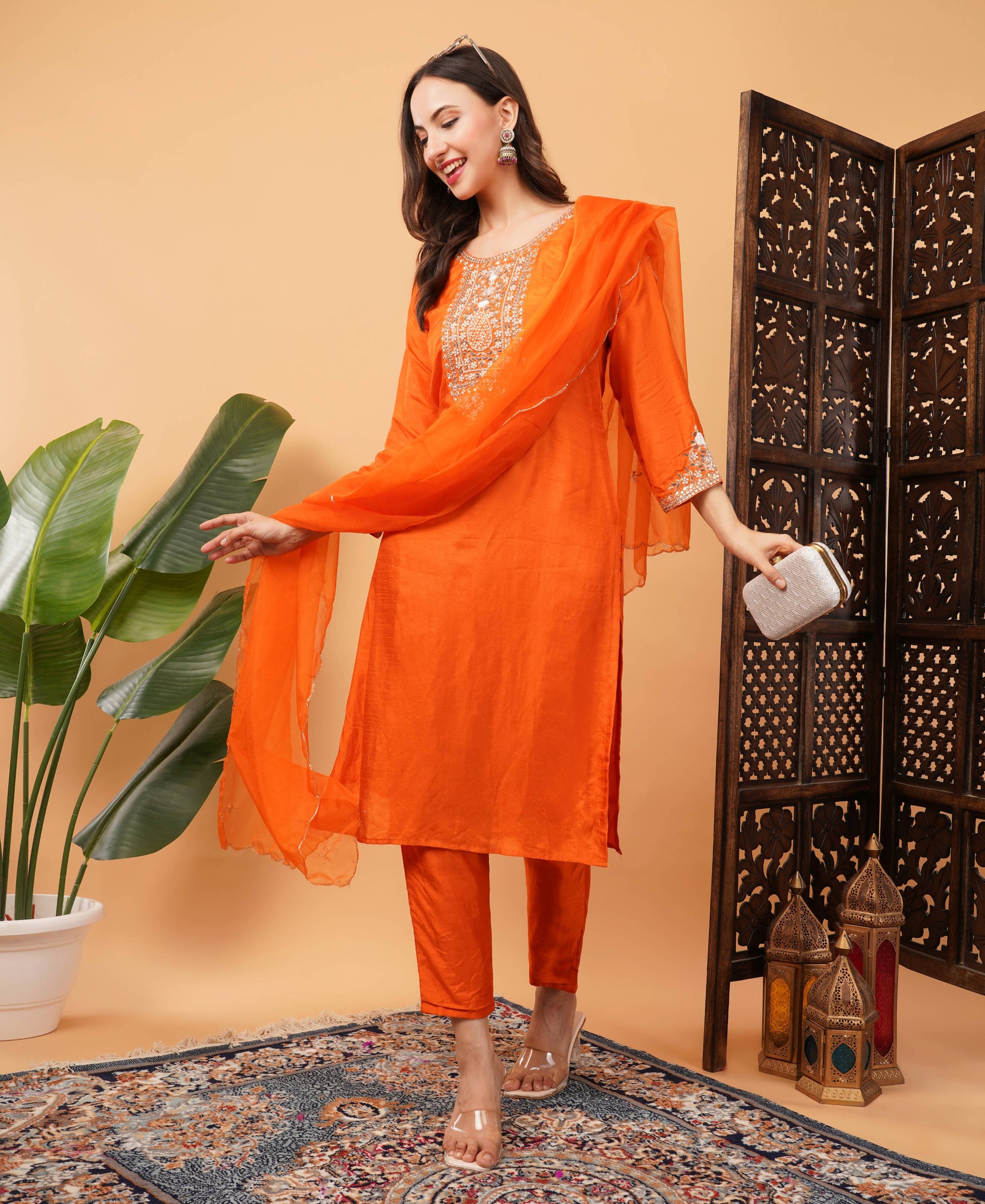 Orange Designer Embroidered Ethnic Kurta Set with Pant and Dupatta - Prisachi Official