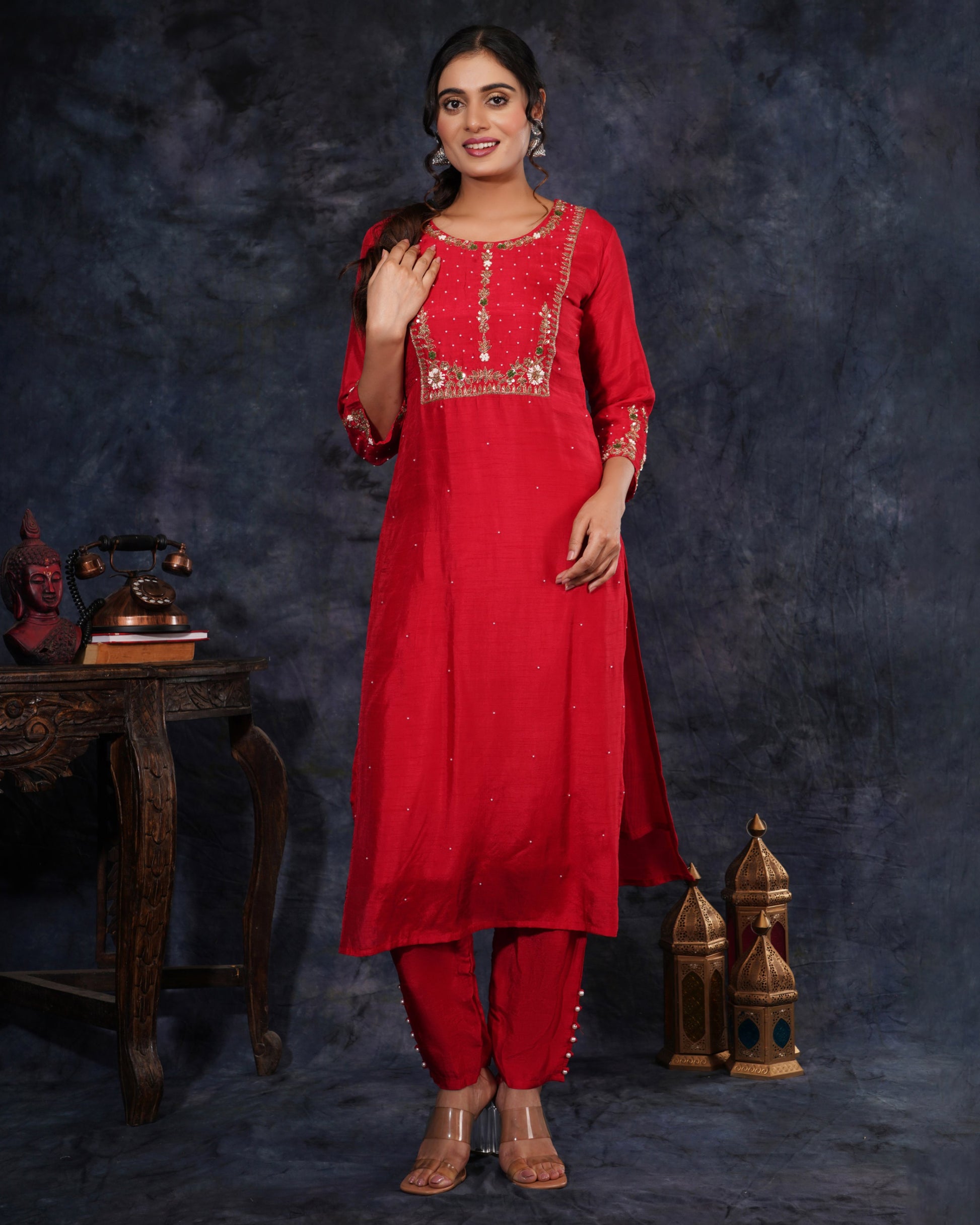 Red Designer Embroidered Ethnic Kurta Set with Pant and Dupatta - Prisachi Official