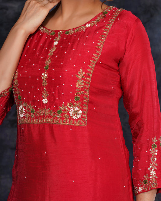 Red Designer Embroidered Ethnic Kurta Set with Pant and Dupatta - Prisachi Official