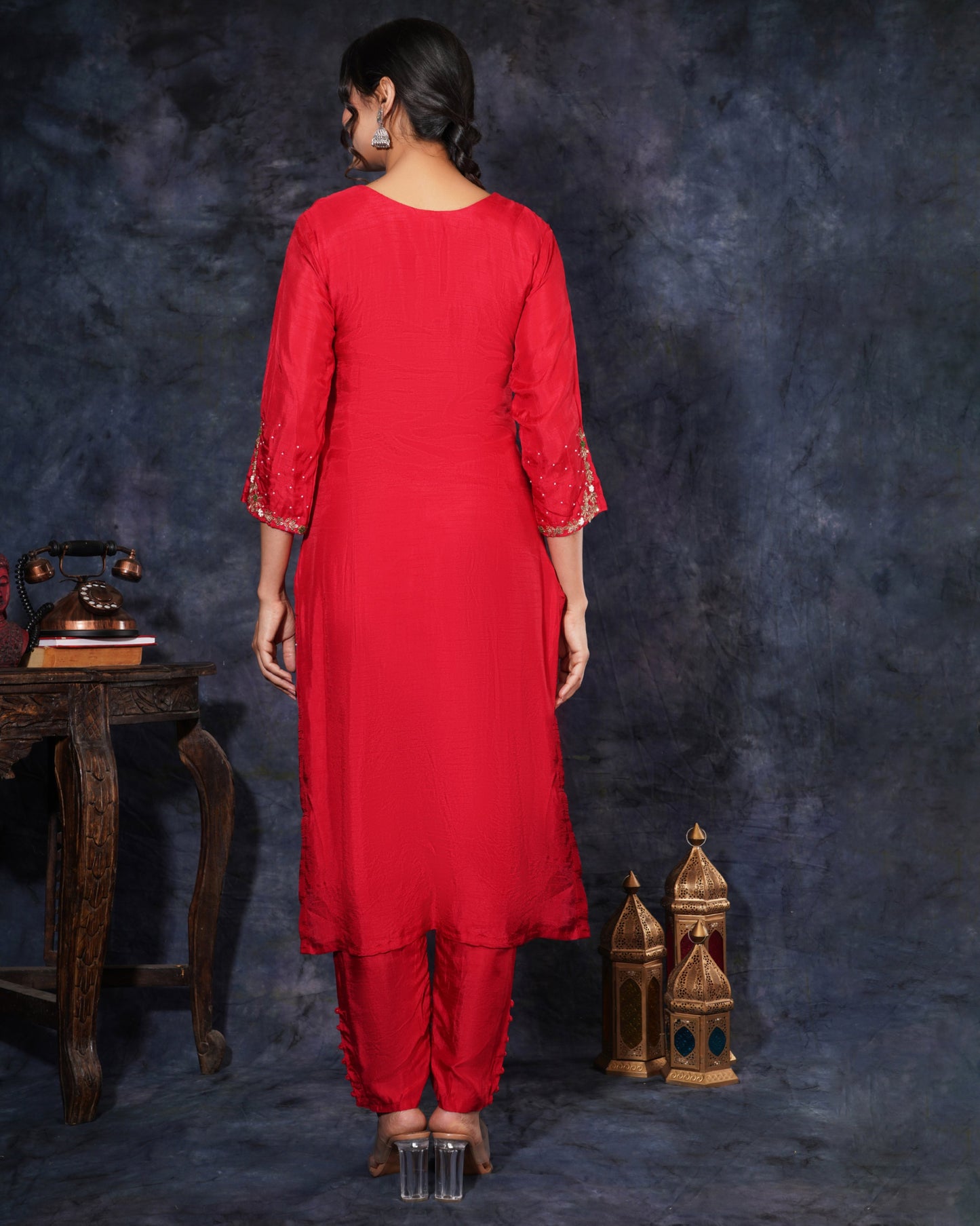 Red Designer Embroidered Ethnic Kurta Set with Pant and Dupatta - Prisachi Official