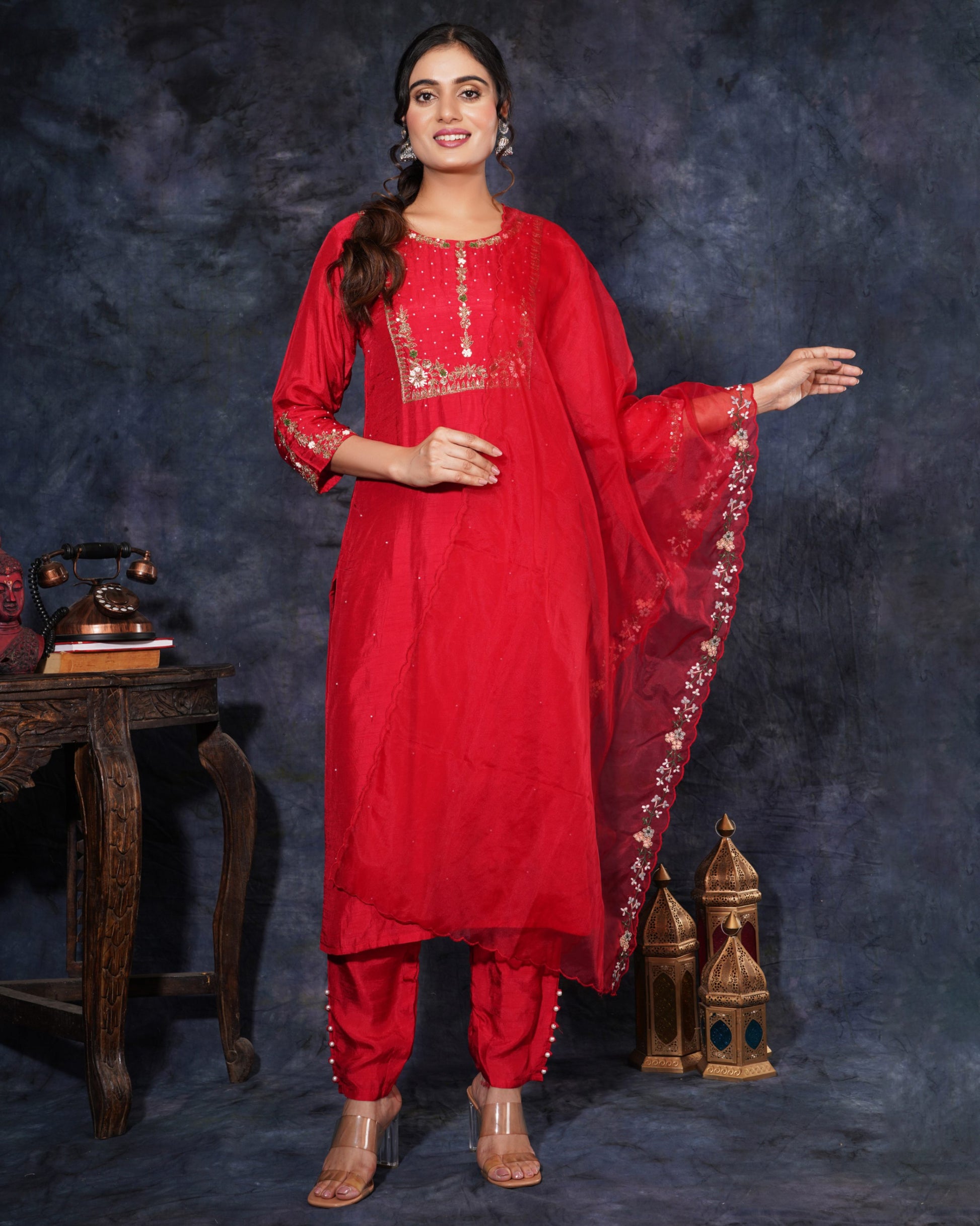 Red Designer Embroidered Ethnic Kurta Set with Pant and Dupatta - Prisachi Official