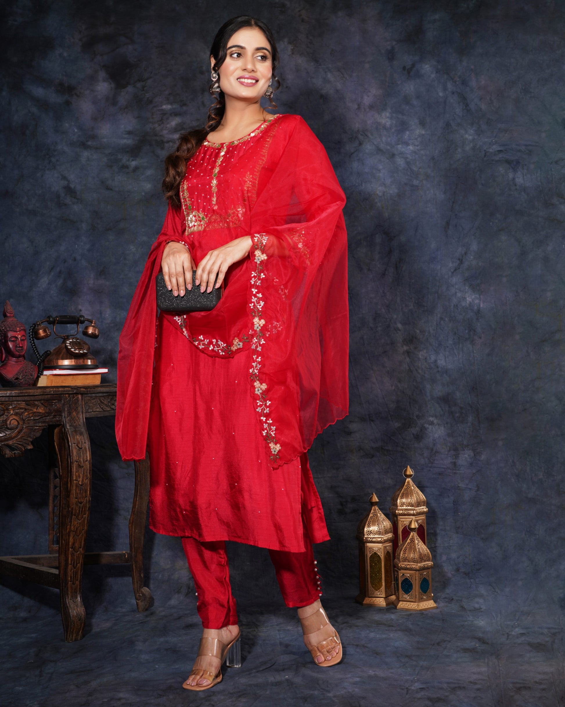 Red Designer Embroidered Ethnic Kurta Set with Pant and Dupatta - Prisachi Official