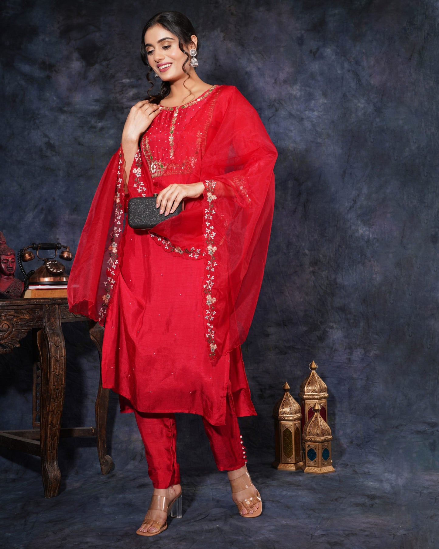 Red Designer Embroidered Ethnic Kurta Set with Pant and Dupatta - Prisachi Official