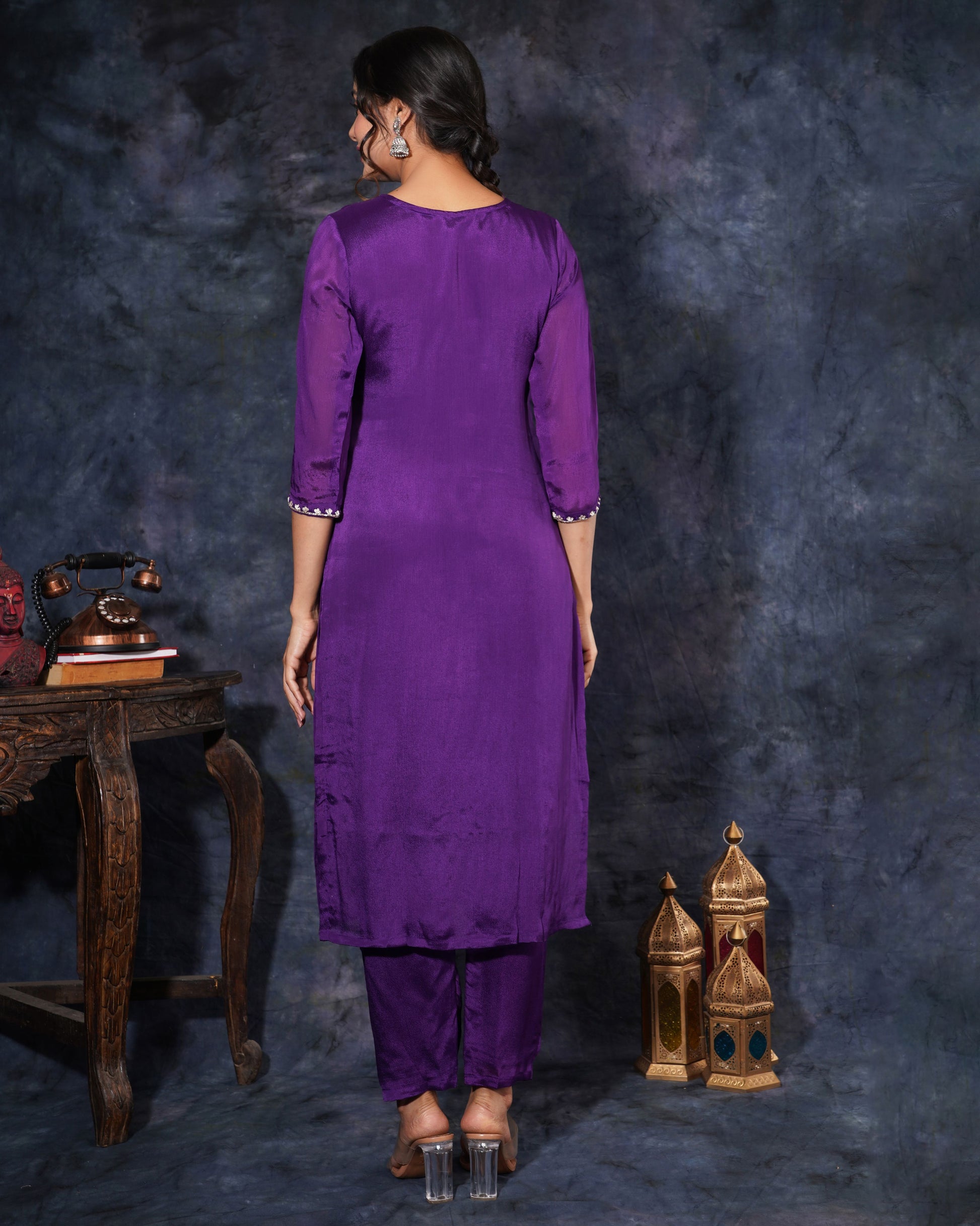 Purple Designer Embroidered Ethnic Kurta Set with Pant and Dupatta - Prisachi Official