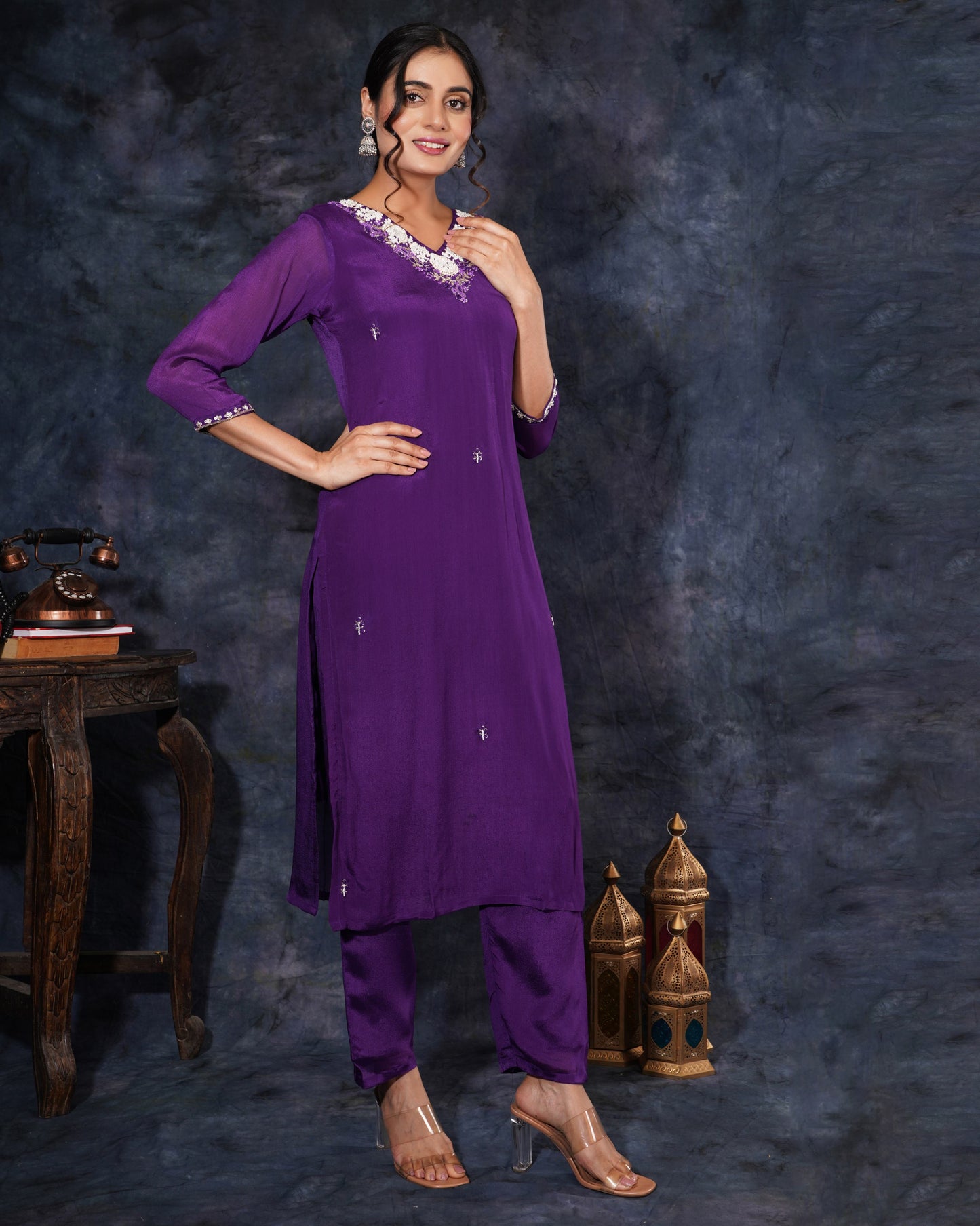 Purple Designer Embroidered Ethnic Kurta Set with Pant and Dupatta - Prisachi Official