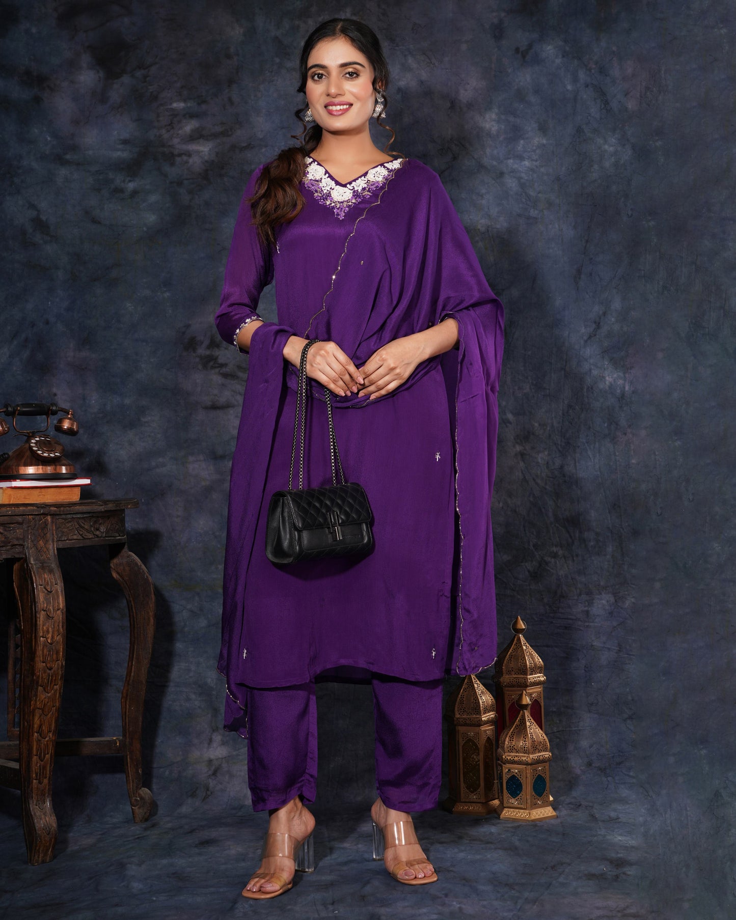 Purple Designer Embroidered Ethnic Kurta Set with Pant and Dupatta - Prisachi Official