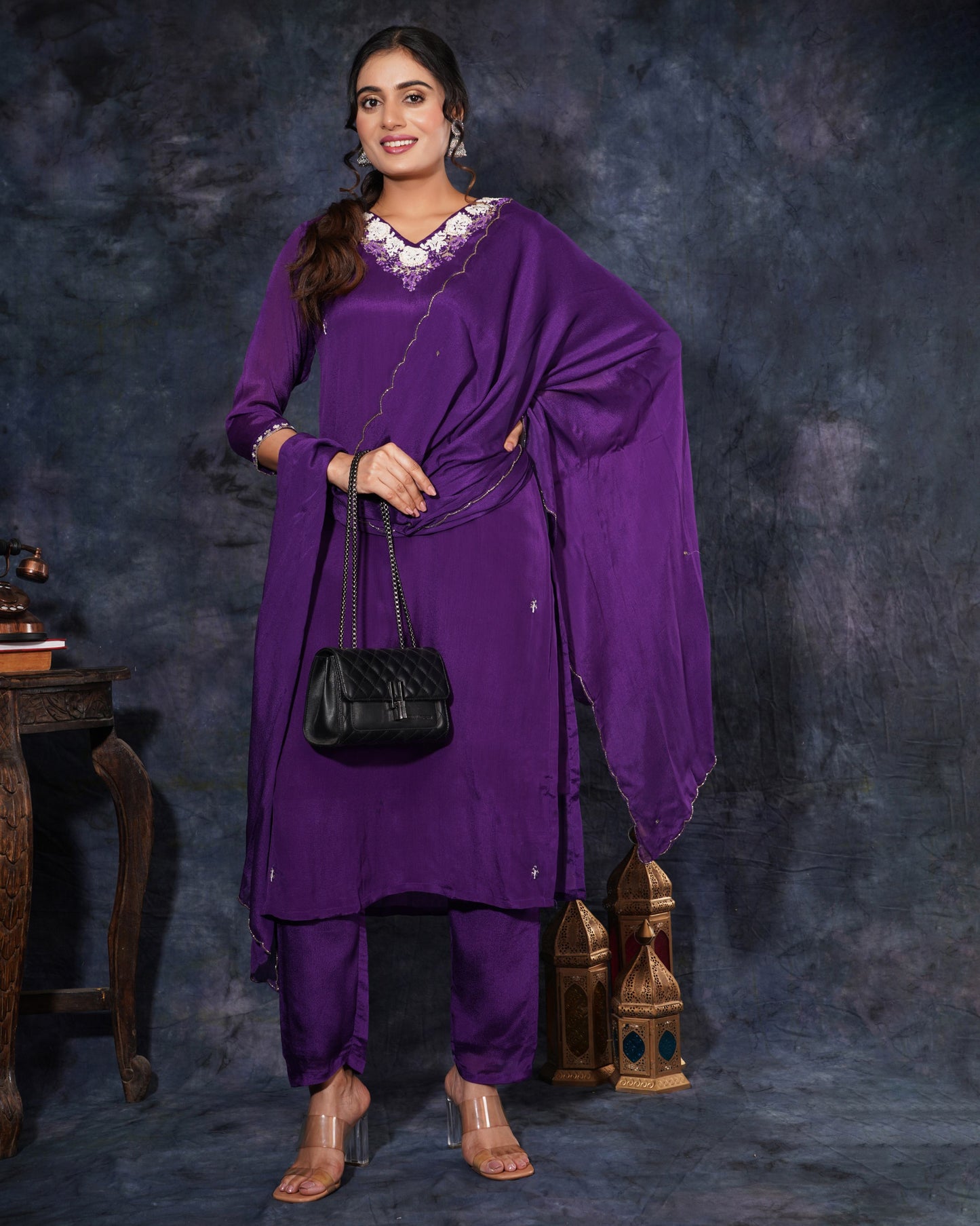Purple Designer Embroidered Ethnic Kurta Set with Pant and Dupatta - Prisachi Official
