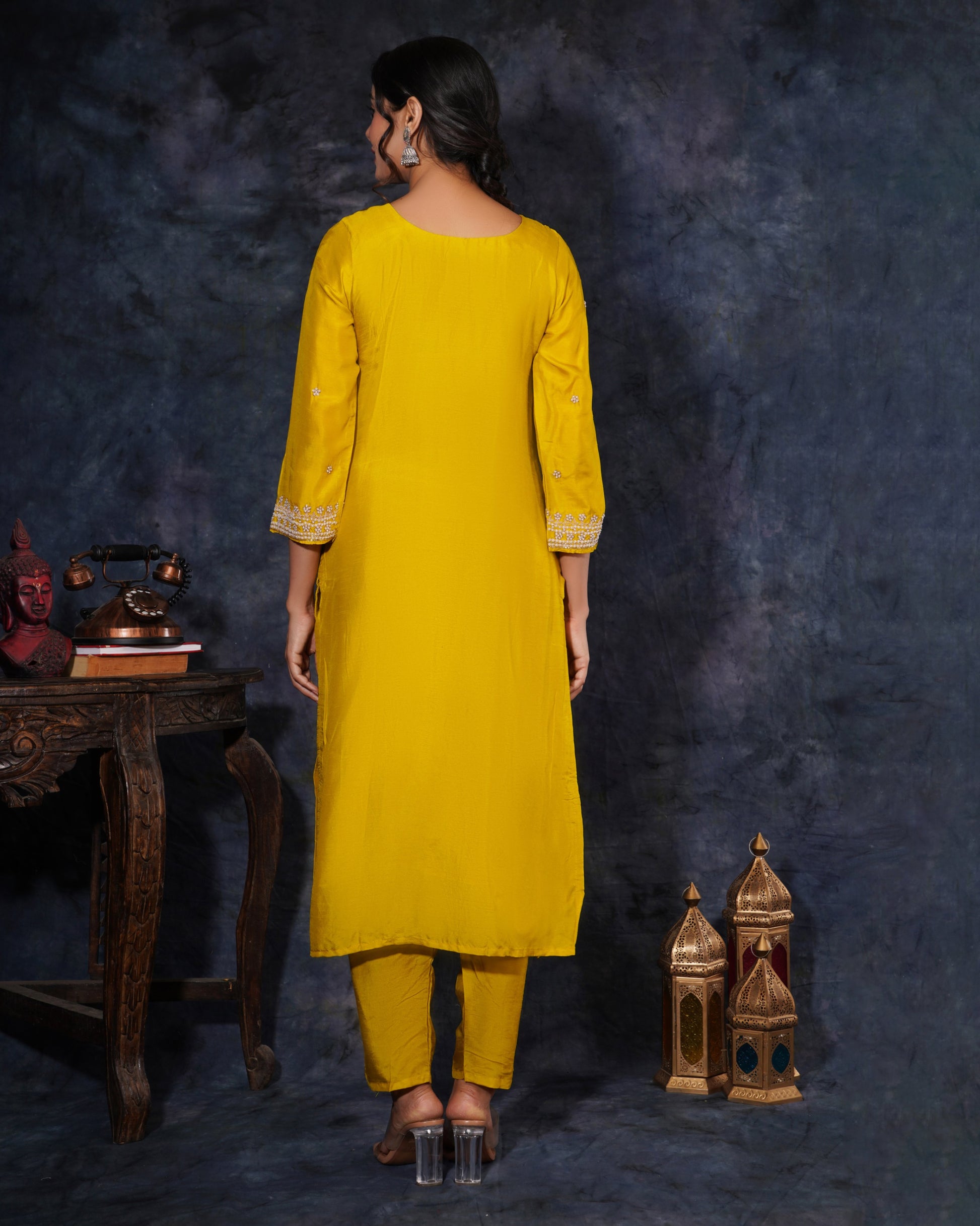 Yellow Designer Embroidered Ethnic Kurta Set with Pant and Dupatta - Prisachi Official