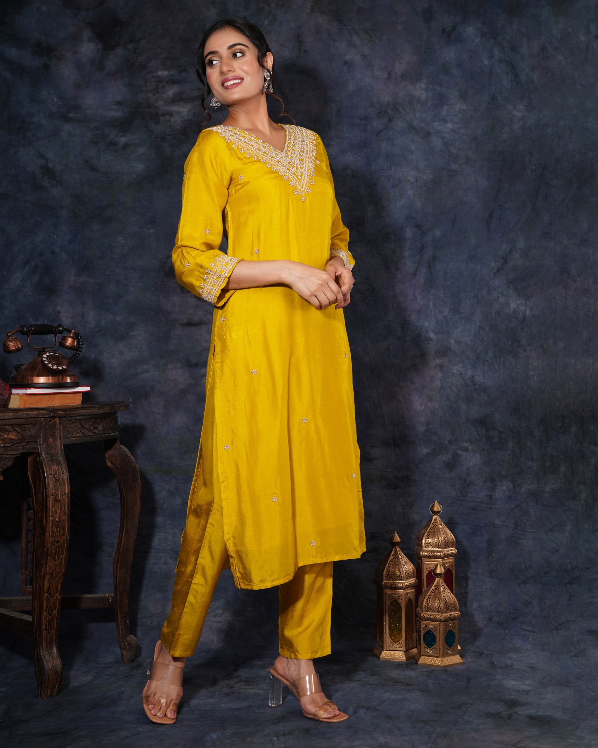 Yellow Designer Embroidered Ethnic Kurta Set with Pant and Dupatta - Prisachi Official