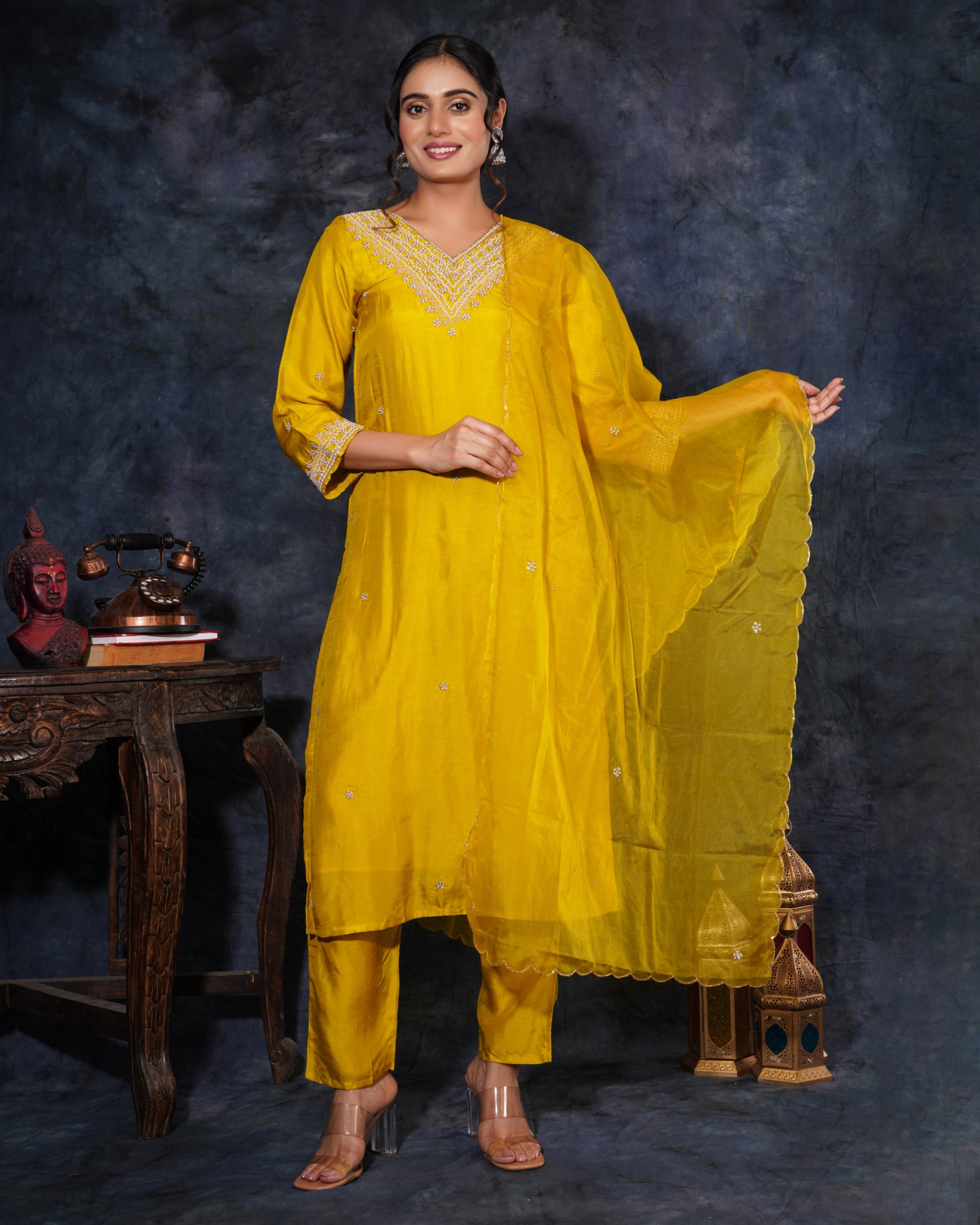 Yellow Designer Embroidered Ethnic Kurta Set with Pant and Dupatta - Prisachi Official