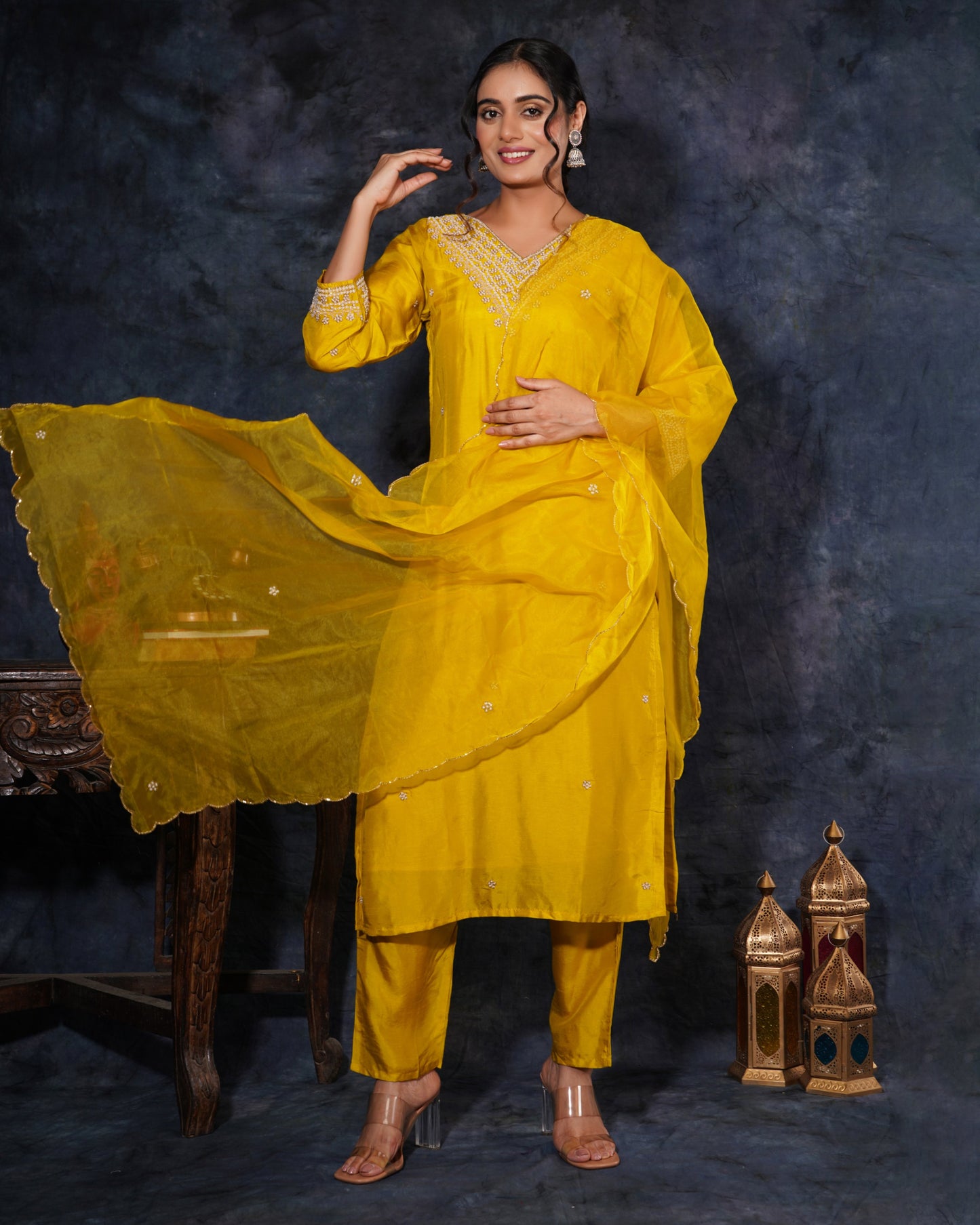 Yellow Designer Embroidered Ethnic Kurta Set with Pant and Dupatta - Prisachi Official