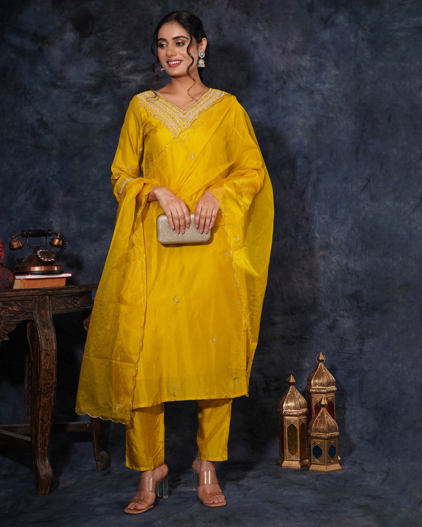 Yellow Designer Embroidered Ethnic Kurta Set with Pant and Dupatta - Prisachi Official