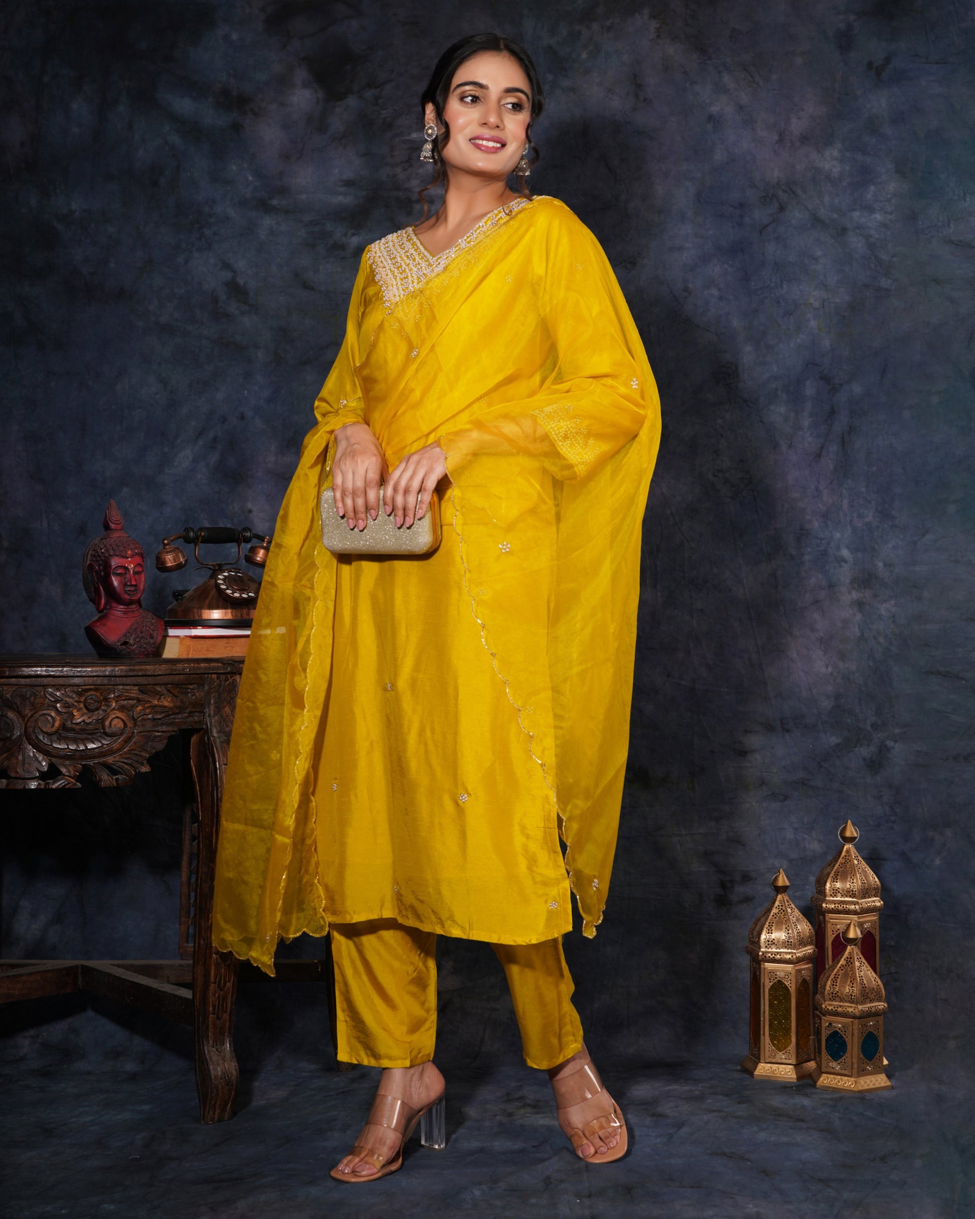 Yellow Designer Embroidered Ethnic Kurta Set with Pant and Dupatta - Prisachi Official