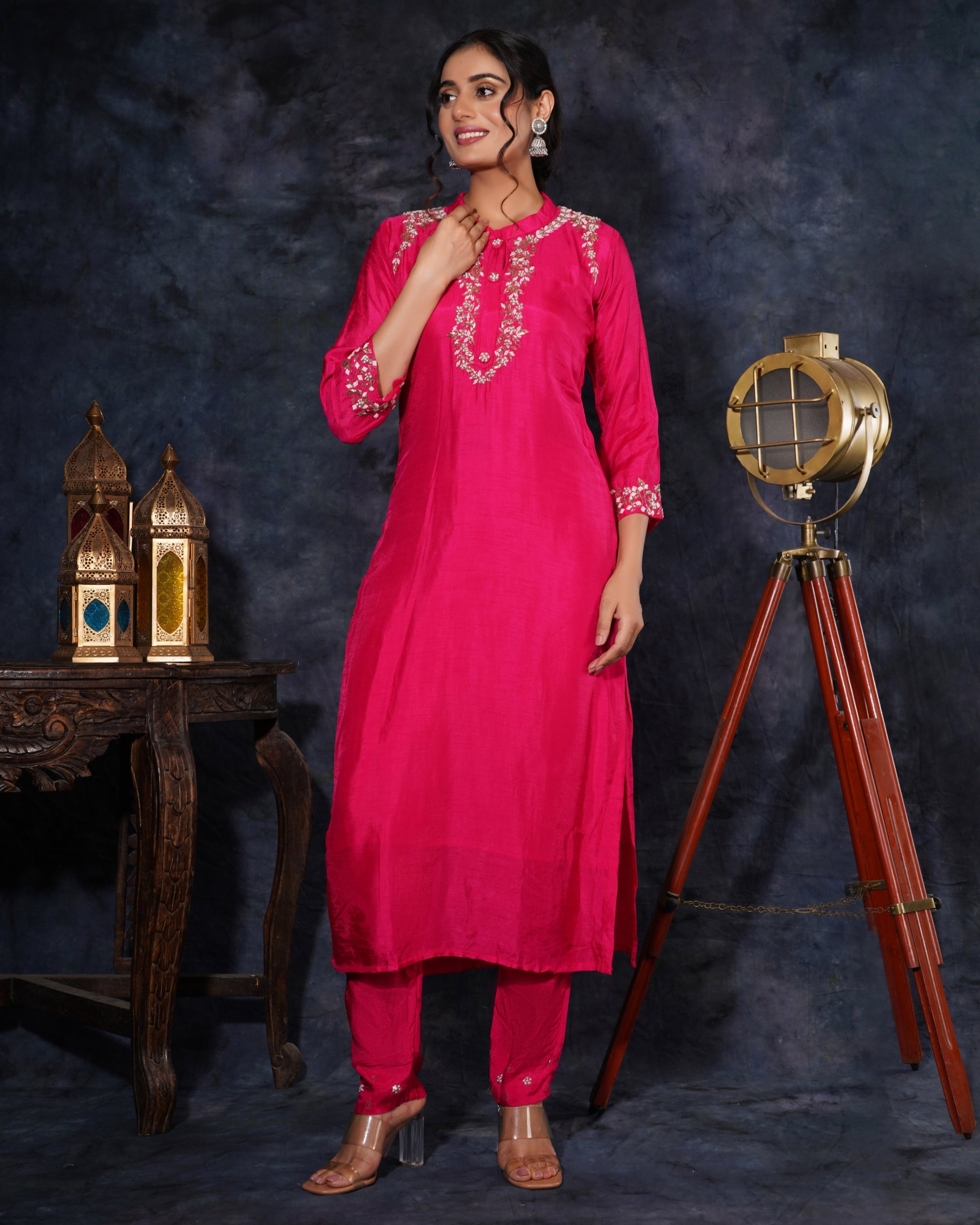 Pink Designer Embroidered Ethnic Kurta Set with Pant & Dupatta - Prisachi Official