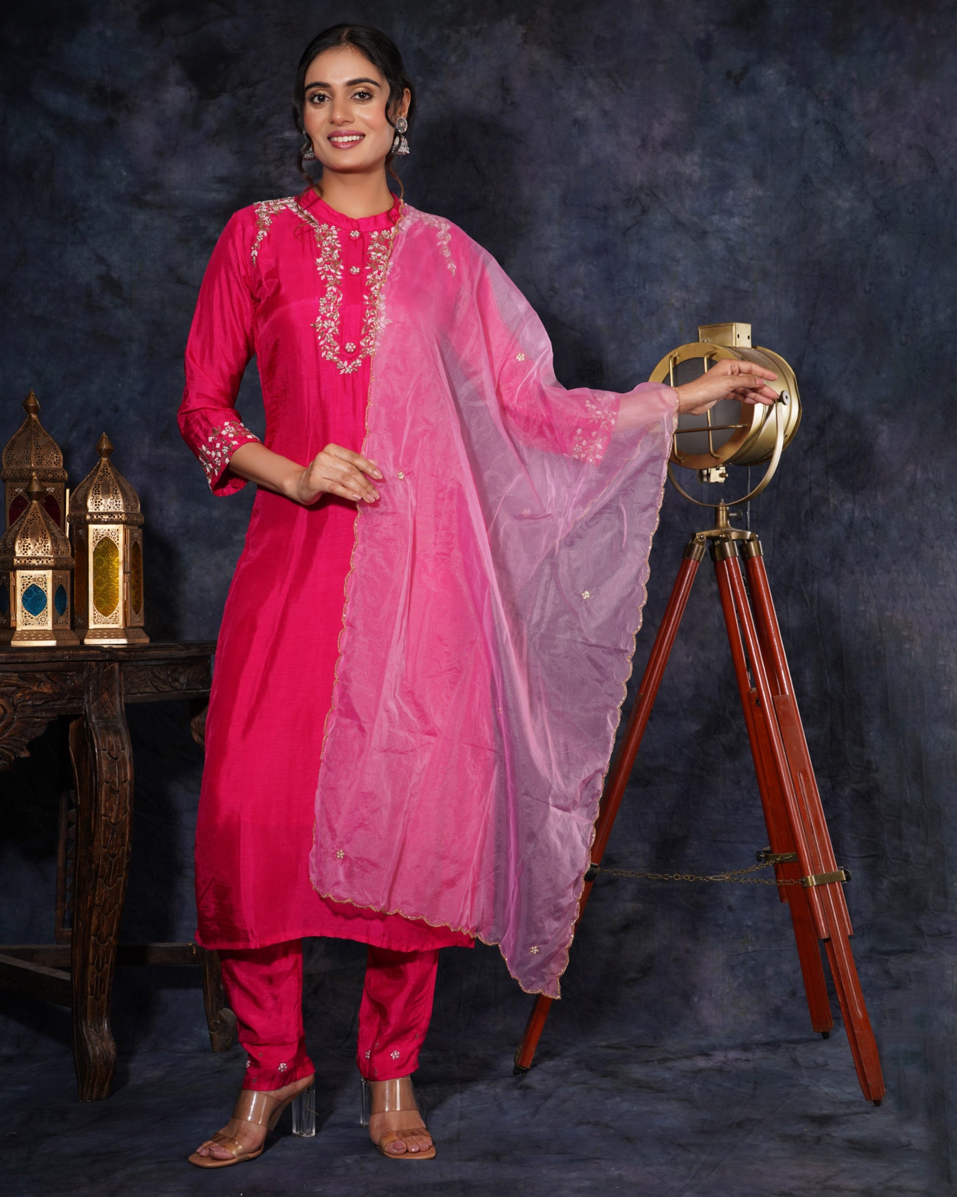 Pink Designer Embroidered Ethnic Kurta Set with Pant & Dupatta - Prisachi Official