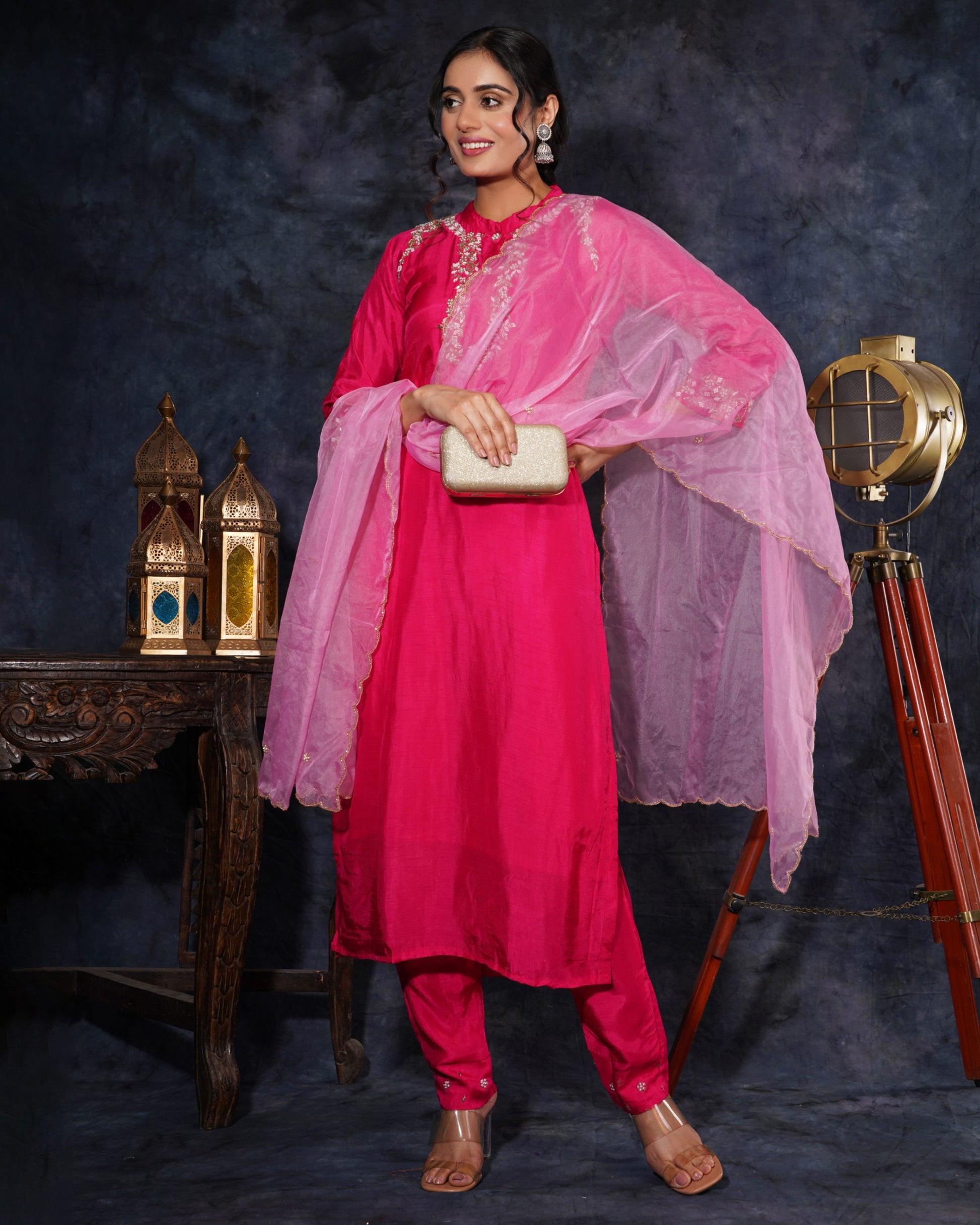 Pink Designer Embroidered Ethnic Kurta Set with Pant & Dupatta - Prisachi Official