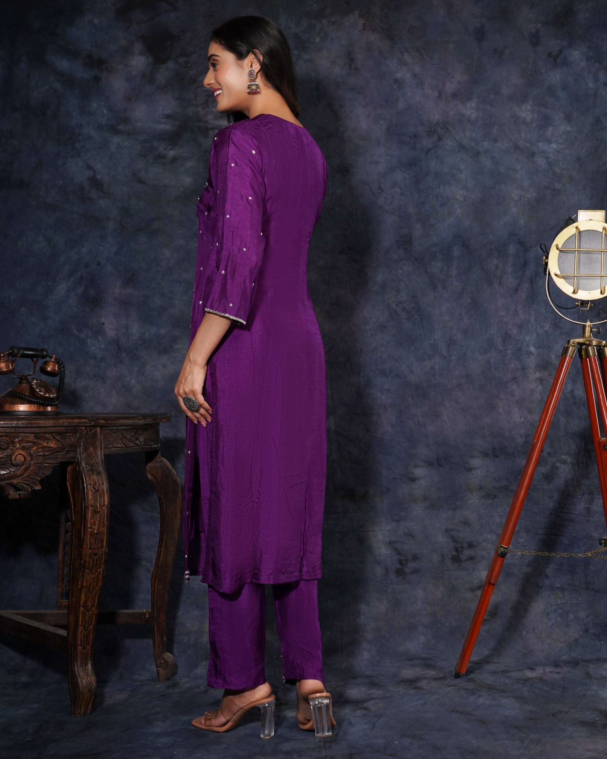Purple Designer Embroidered Ethnic Kurta Set with Pant and Dupatta - Prisachi Official