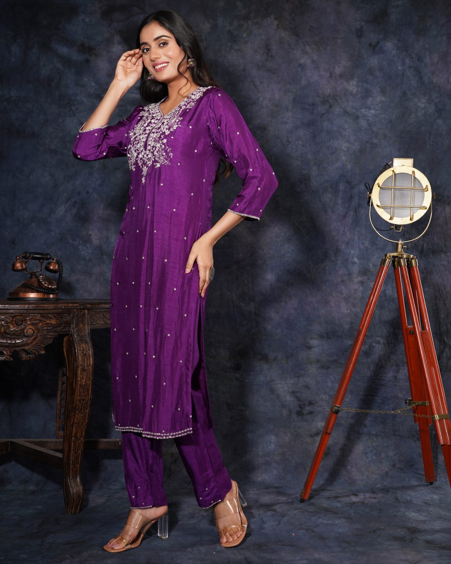 Purple Designer Embroidered Ethnic Kurta Set with Pant and Dupatta - Prisachi Official