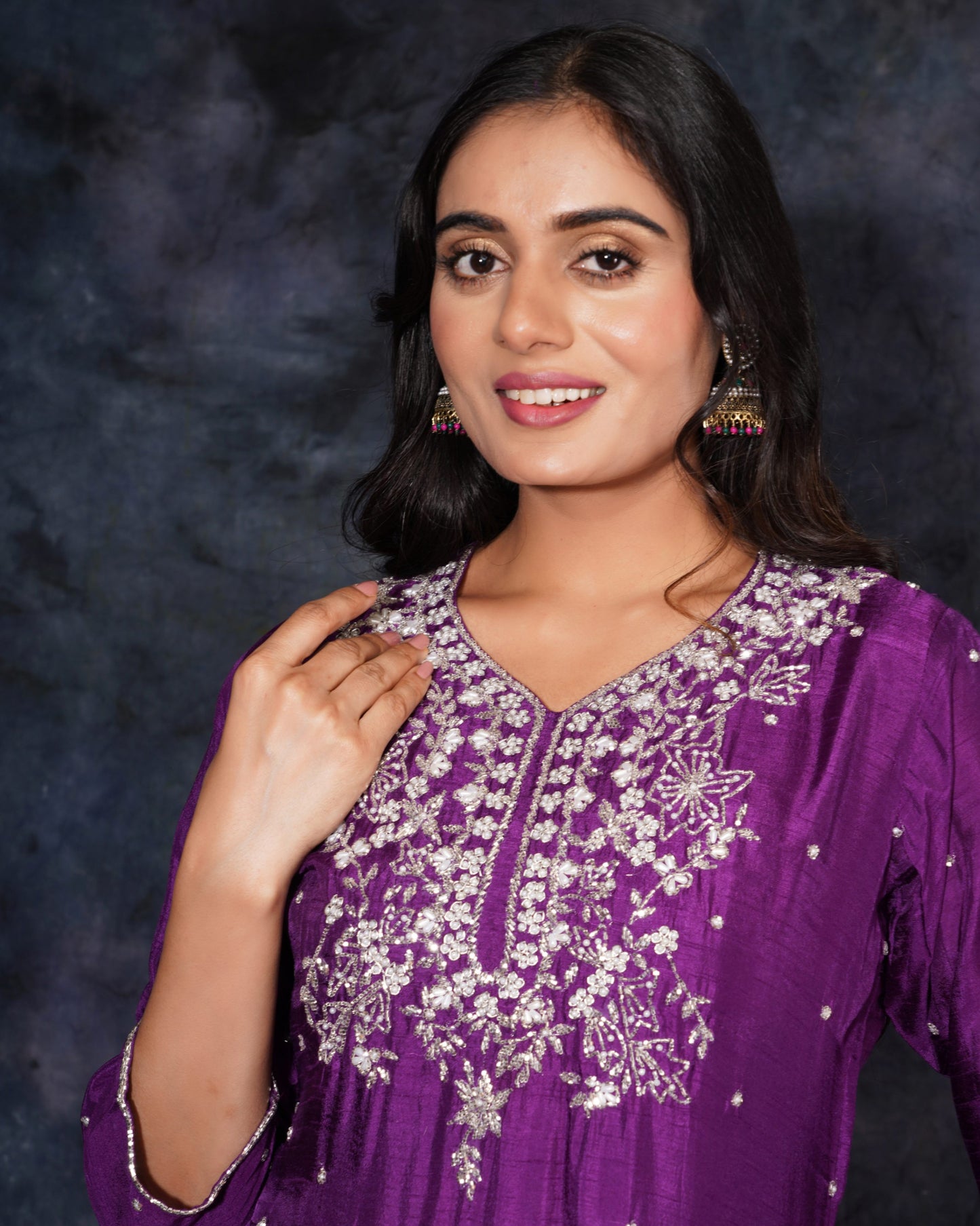 Purple Designer Embroidered Ethnic Kurta Set with Pant and Dupatta - Prisachi Official