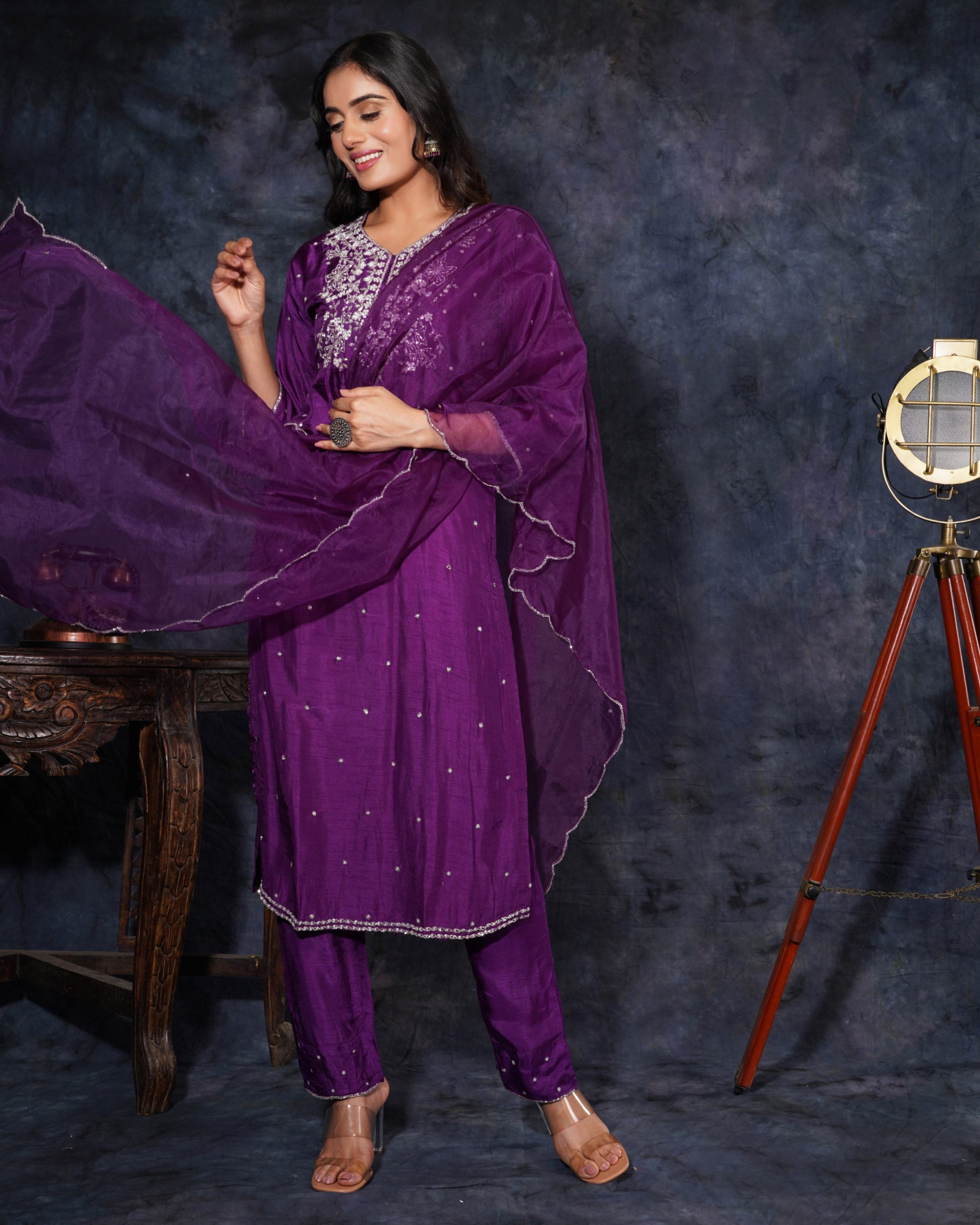 Purple Designer Embroidered Ethnic Kurta Set with Pant and Dupatta - Prisachi Official