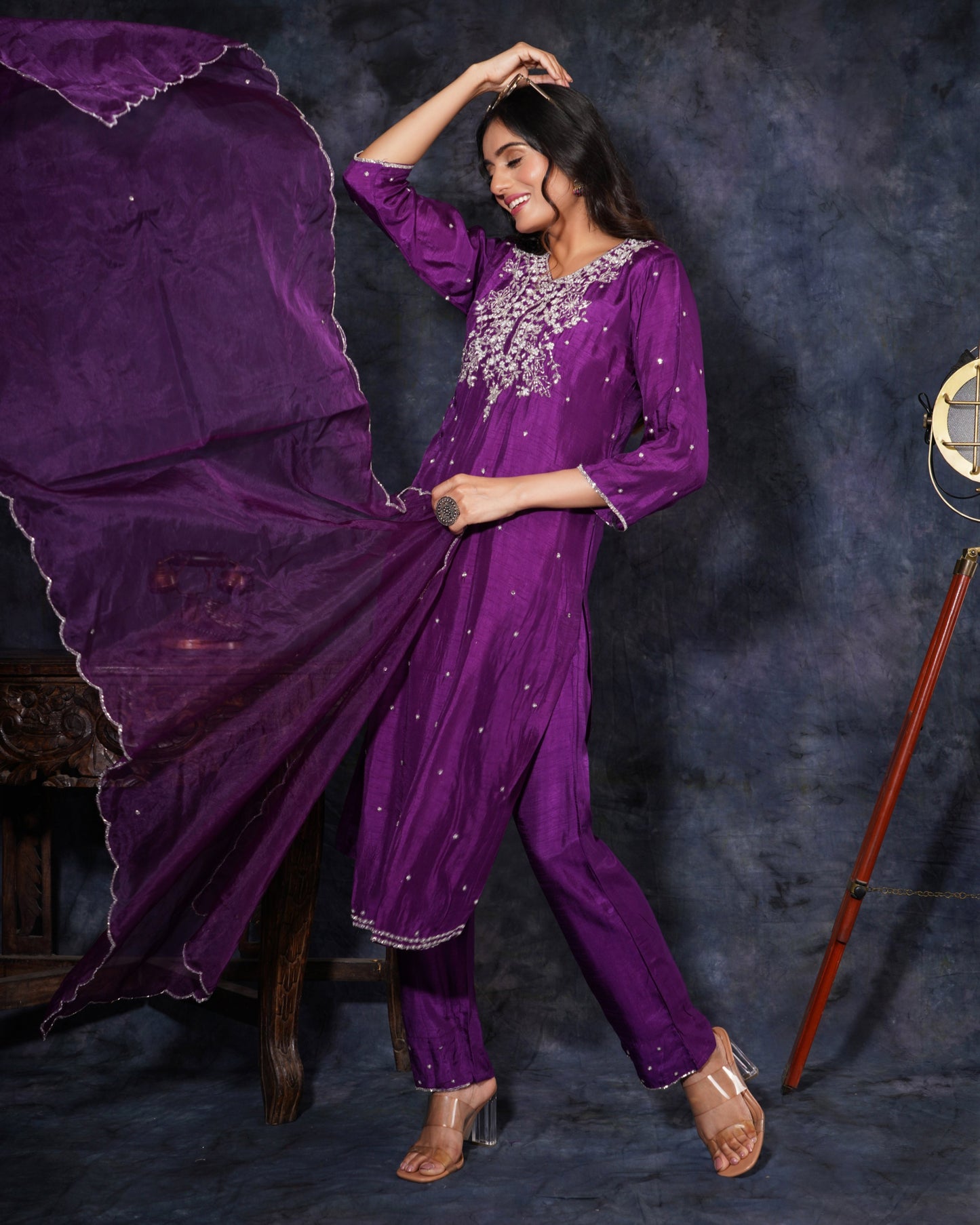 Purple Designer Embroidered Ethnic Kurta Set with Pant and Dupatta - Prisachi Official