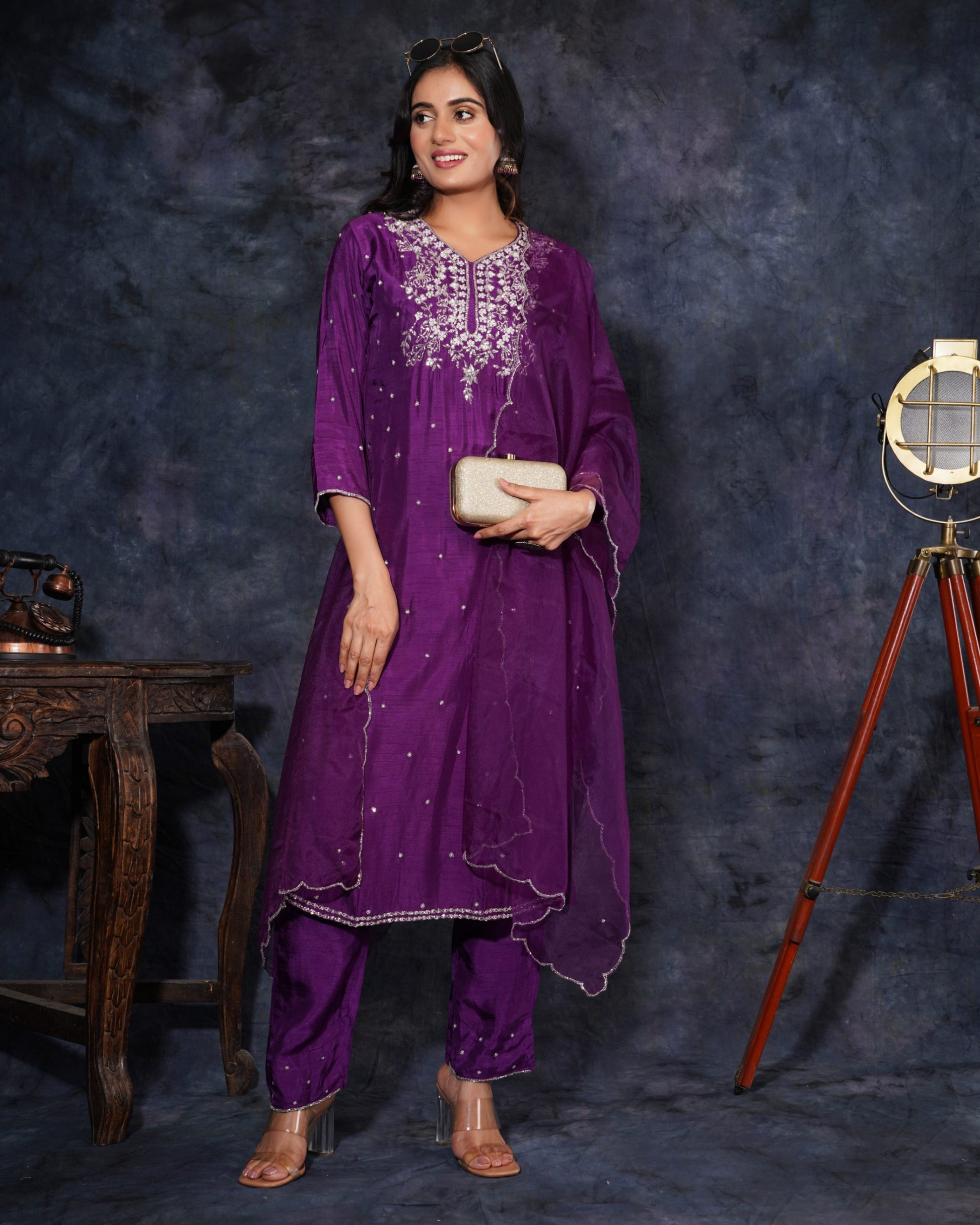 Purple Designer Embroidered Ethnic Kurta Set with Pant and Dupatta - Prisachi Official