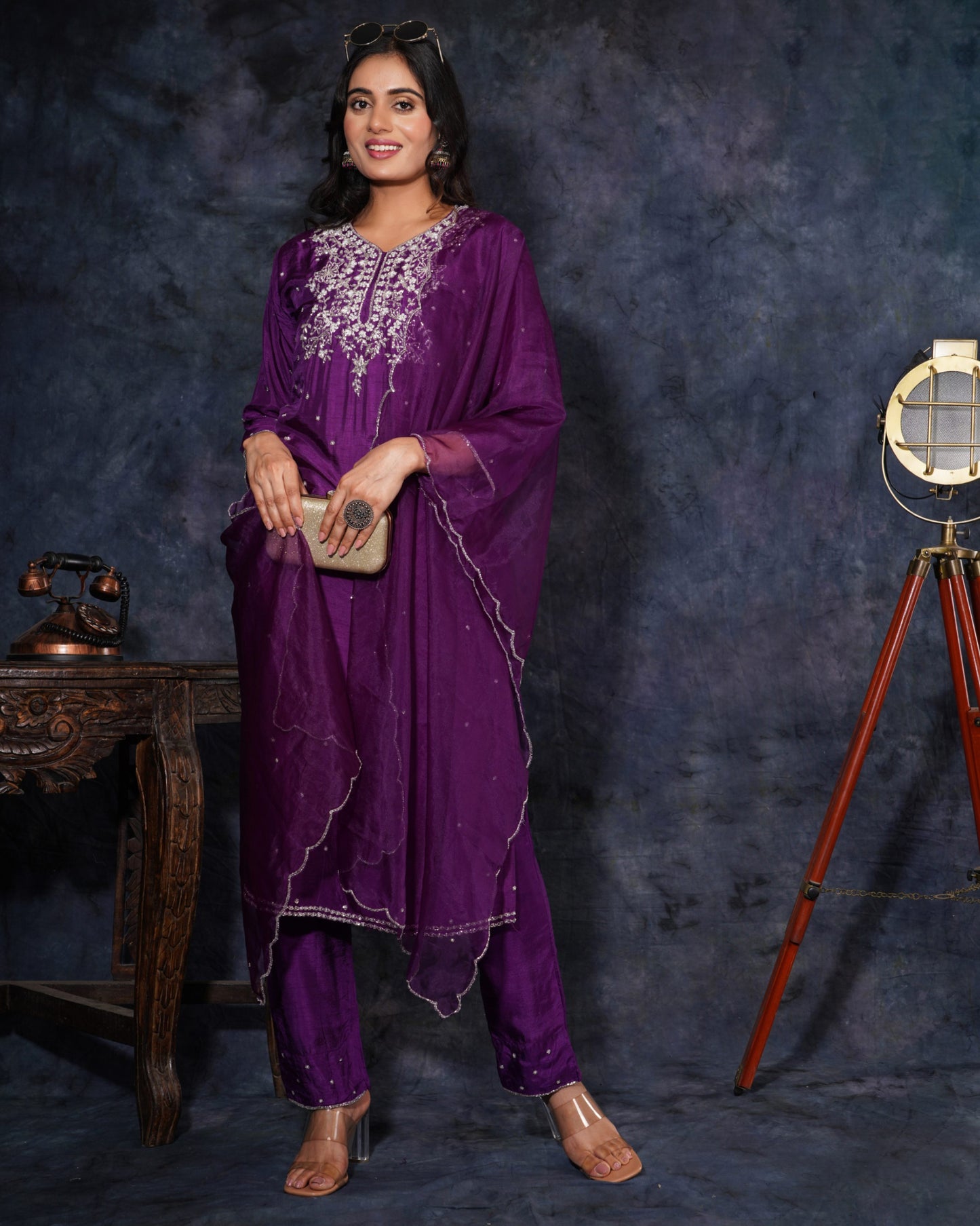 Purple Designer Embroidered Ethnic Kurta Set with Pant and Dupatta - Prisachi Official