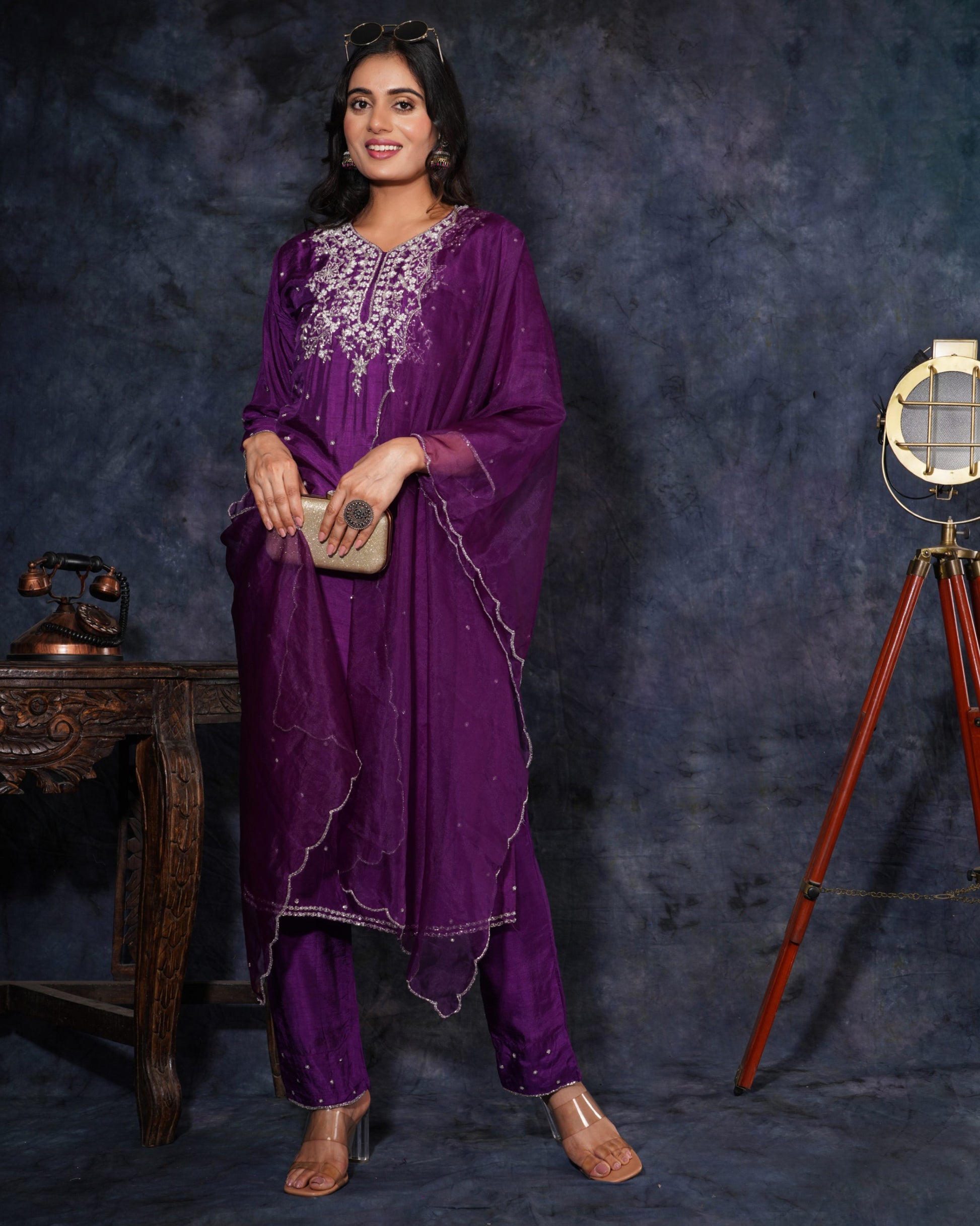 Purple Designer Embroidered Ethnic Kurta Set with Pant and Dupatta - Prisachi Official