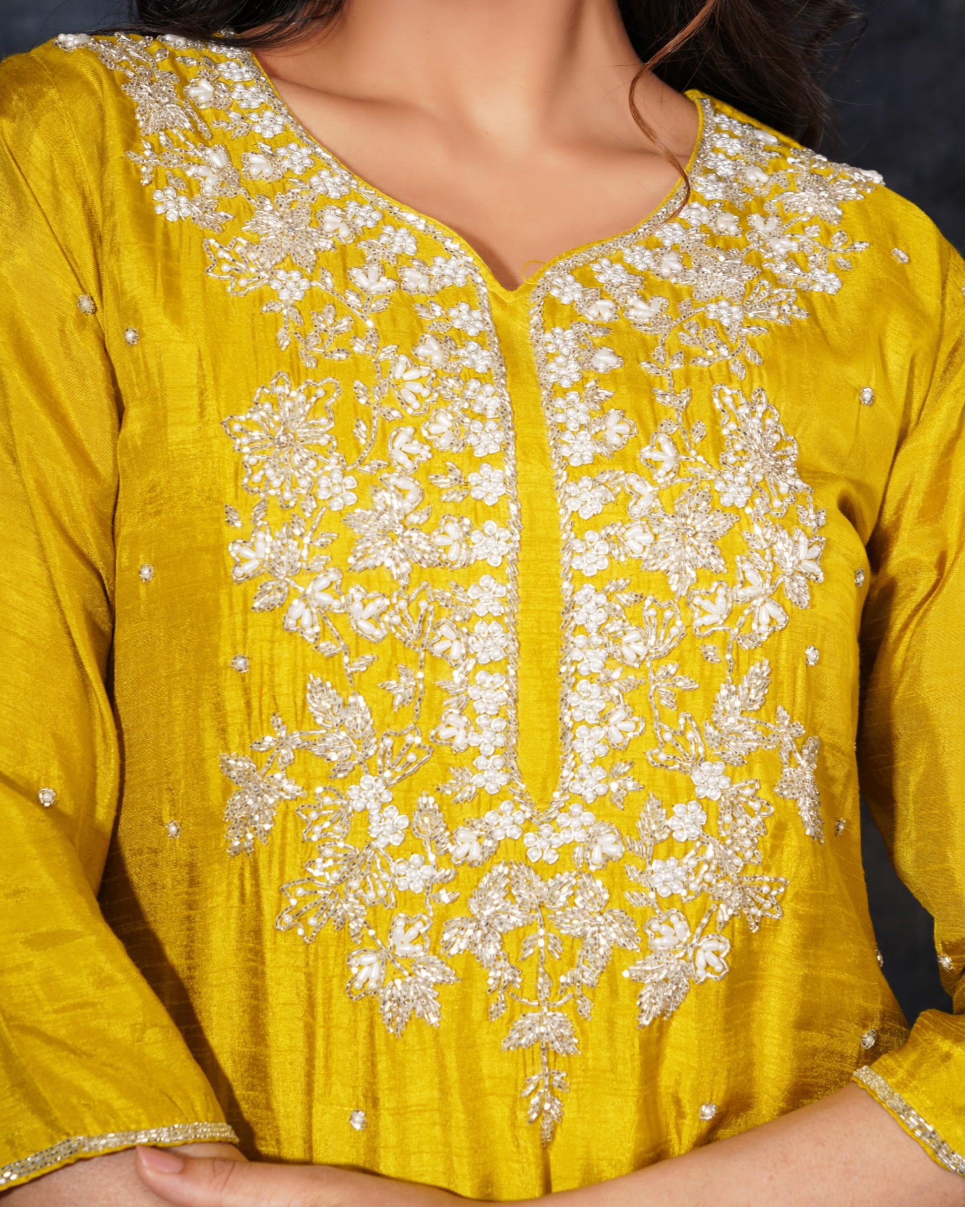 Yellow Designer Zardosi Embroidered Kurta Set with Pants & Dupatta - Prisachi Official