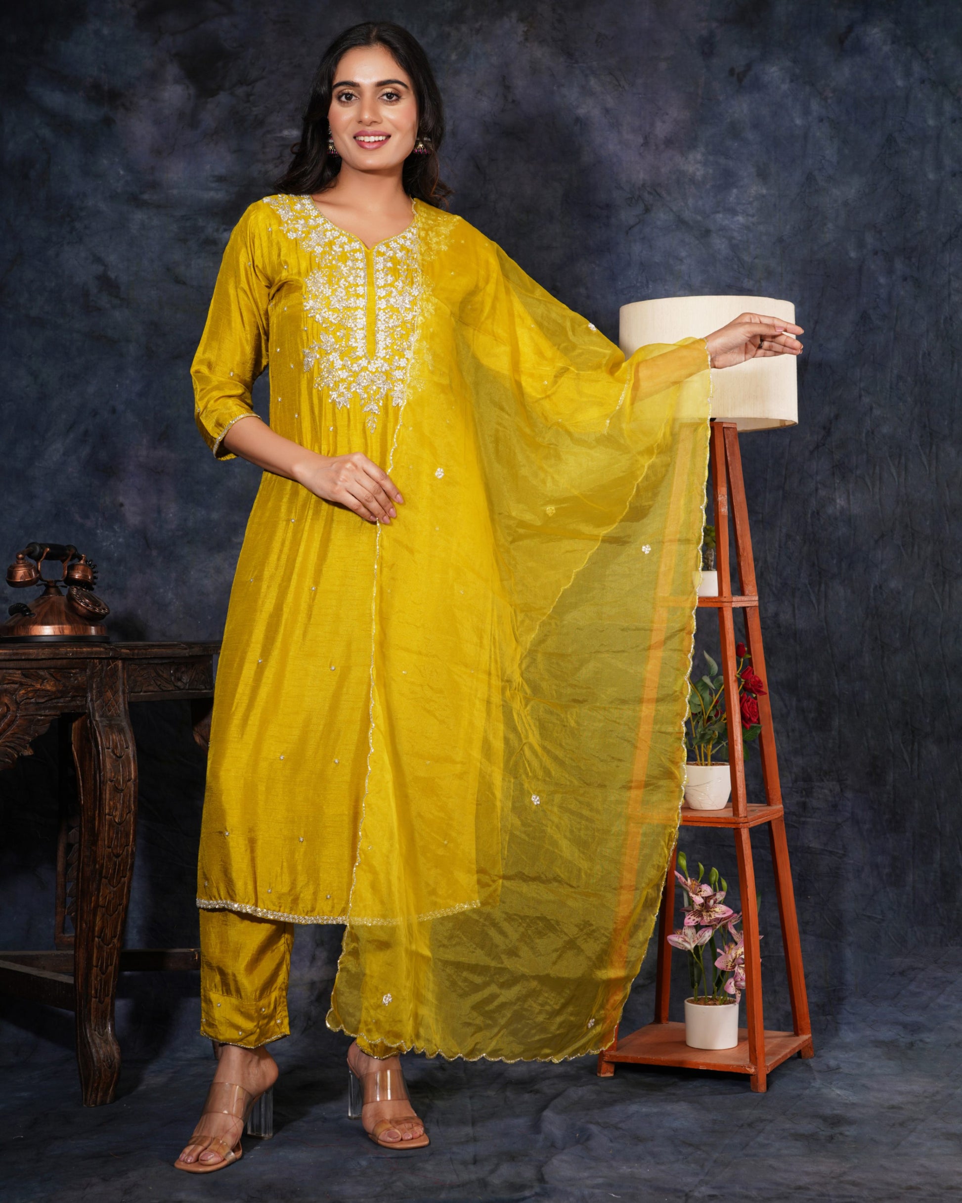 Yellow Designer Zardosi Embroidered Kurta Set with Pants & Dupatta - Prisachi Official