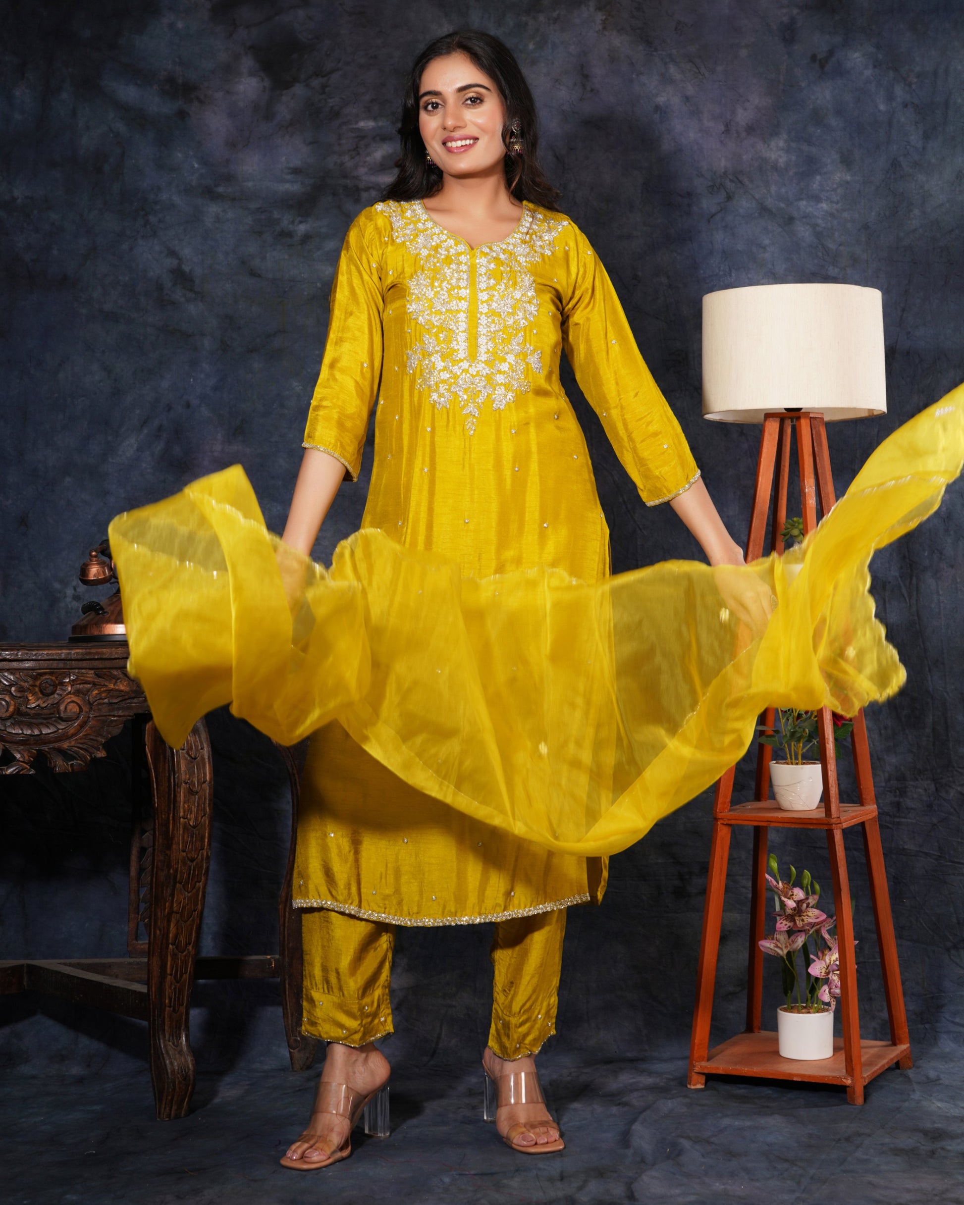 Yellow Designer Zardosi Embroidered Kurta Set with Pants & Dupatta - Prisachi Official