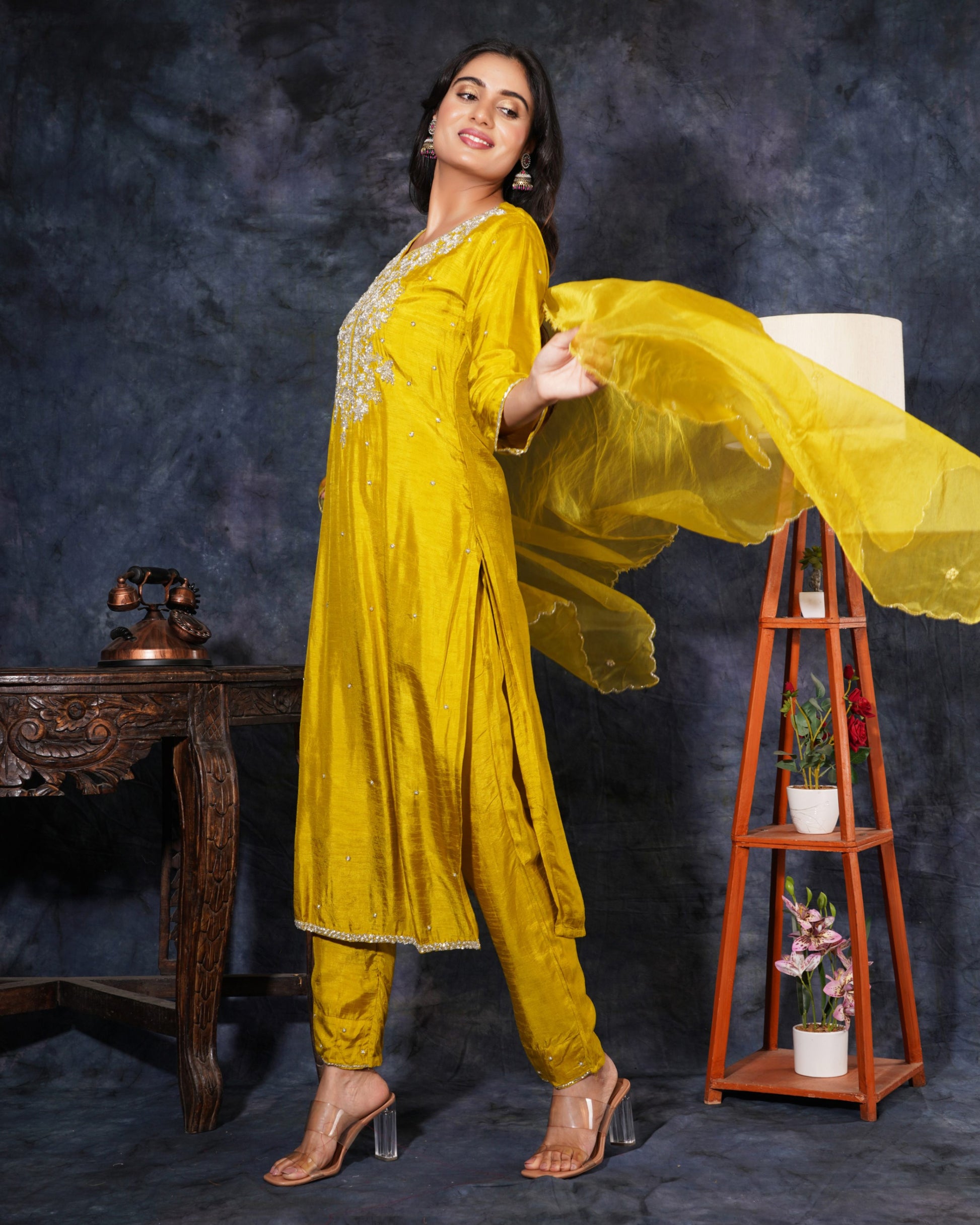 Yellow Designer Zardosi Embroidered Kurta Set with Pants & Dupatta - Prisachi Official