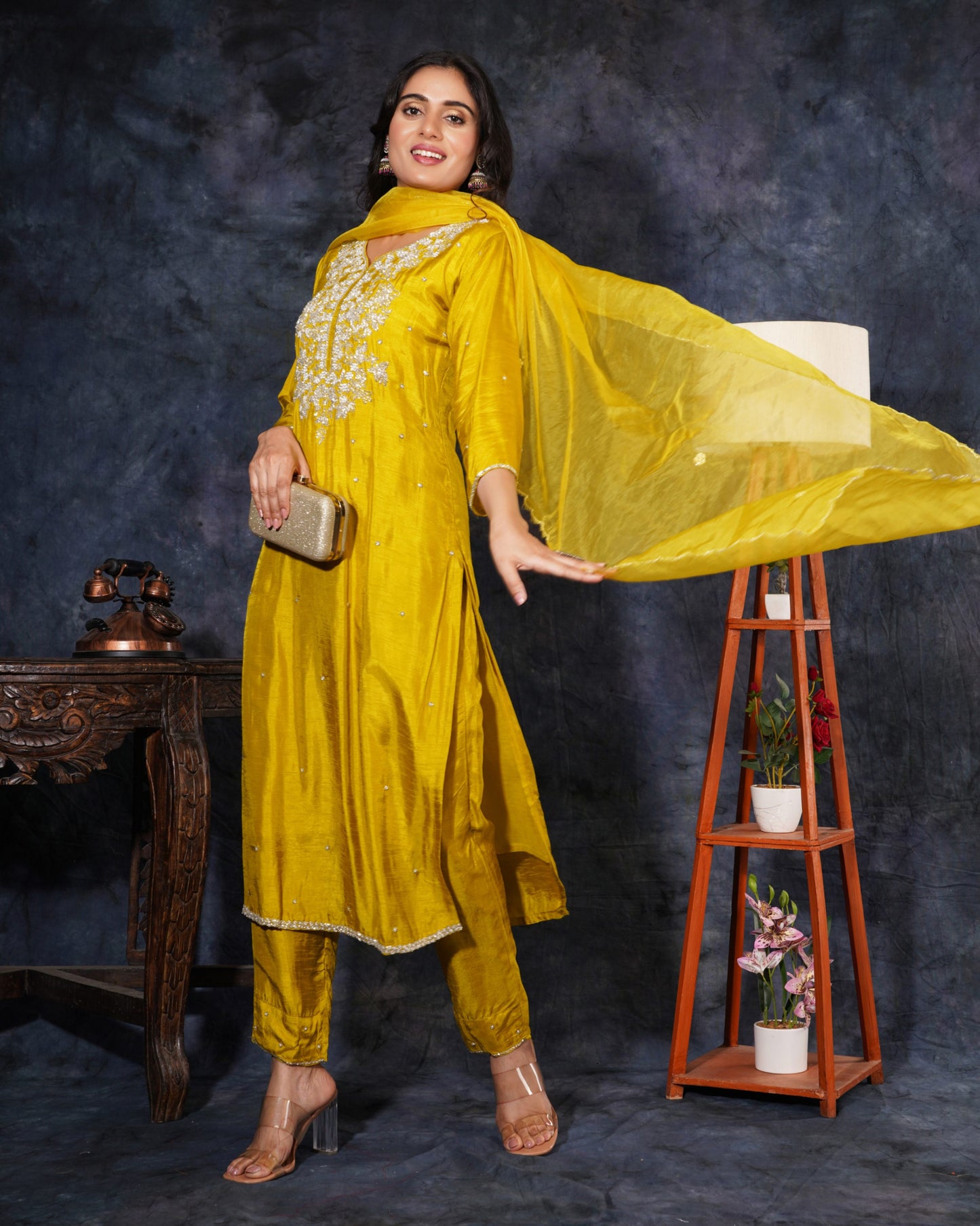 Yellow Designer Zardosi Embroidered Kurta Set with Pants & Dupatta - Prisachi Official