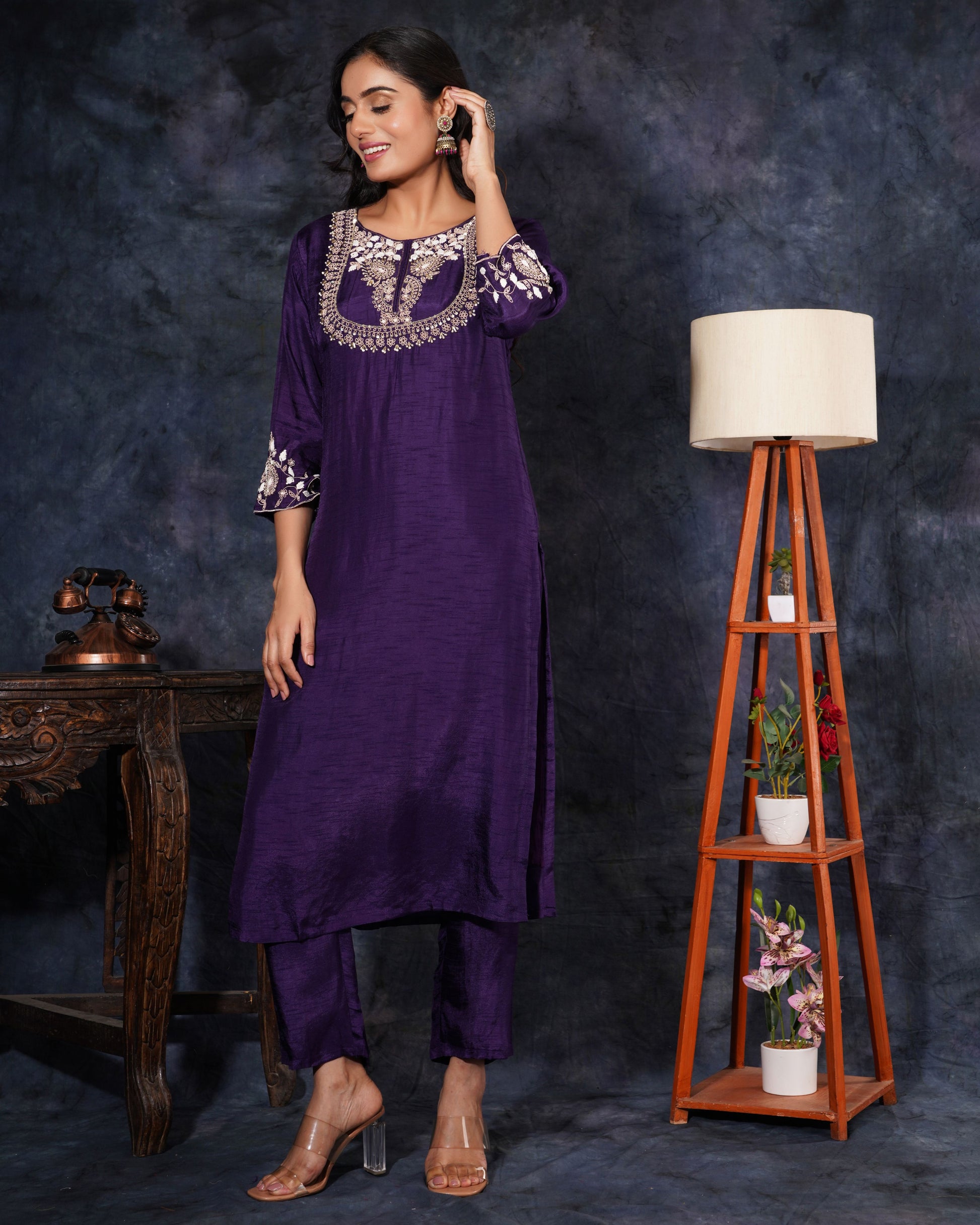 Purple Ethnic Embroidered Kurta Set with Pant & Dupatta - Prisachi Official