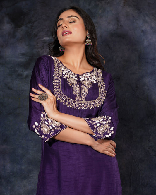 Purple Ethnic Embroidered Kurta Set with Pant & Dupatta - Prisachi Official